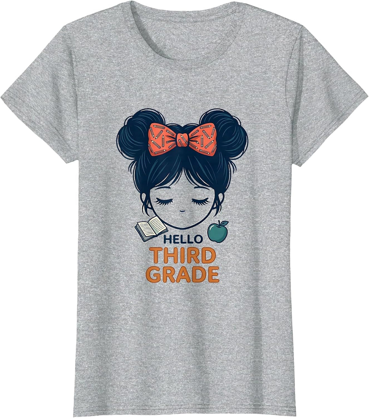 Hello Third Grade Back To School Messy Bun Girls Teacher T-Shirt - Heather Grey