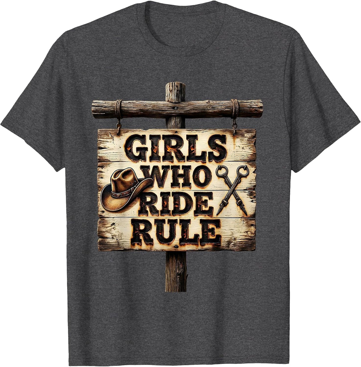 Girls Who Ride Rule Cowgirl Design T-Shirt - Dark Heather Grey