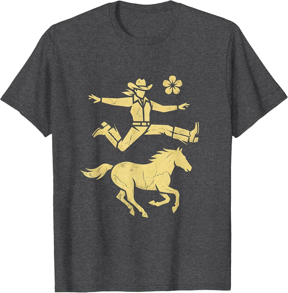Cowgirl Mid-Leap Off Moving Horse Graphic T-Shirt - Dark Heather Grey