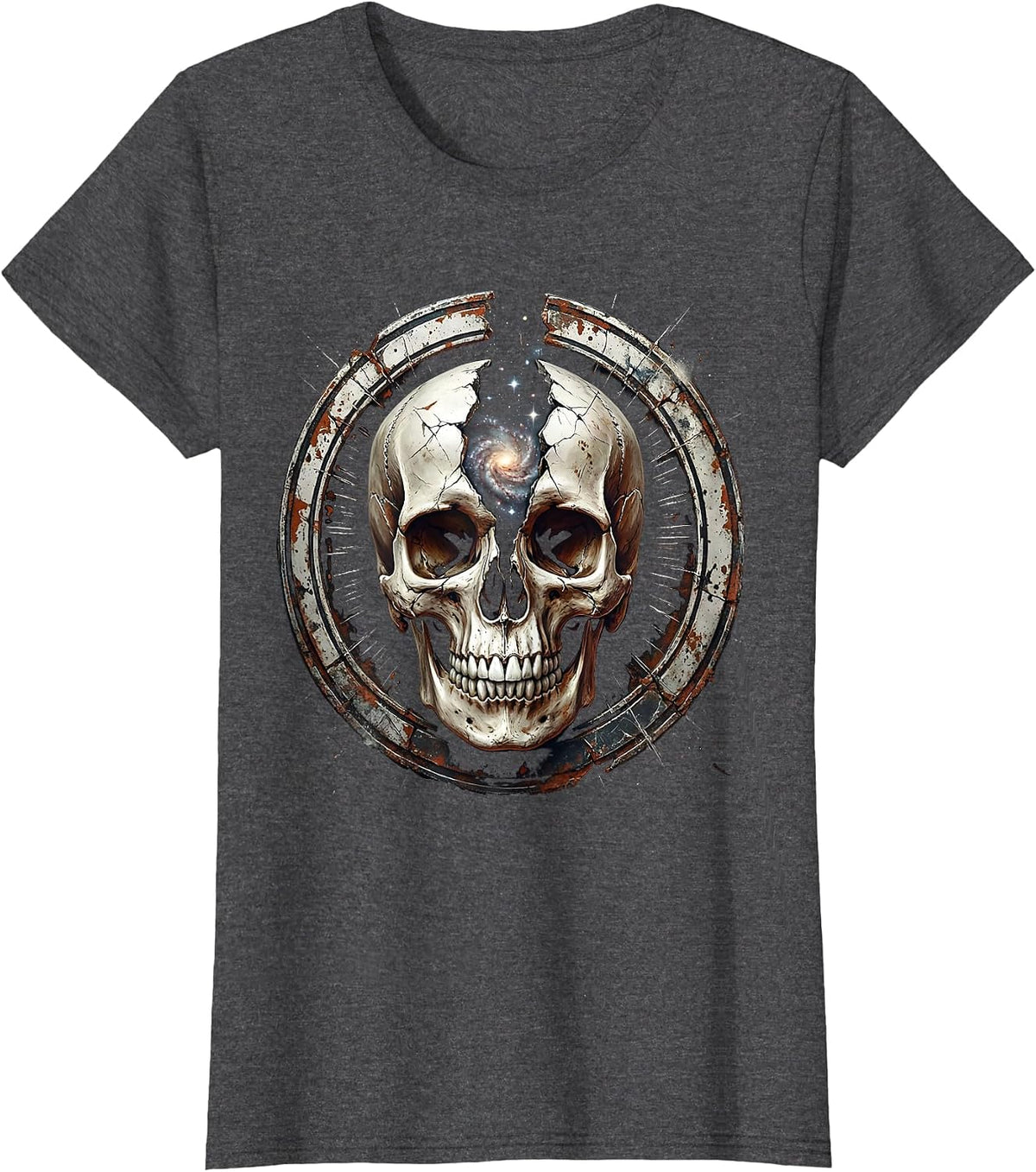 Women's Cosmic Skull Galaxy Universe Split Open Design T-Shirt - Dark Heather Grey