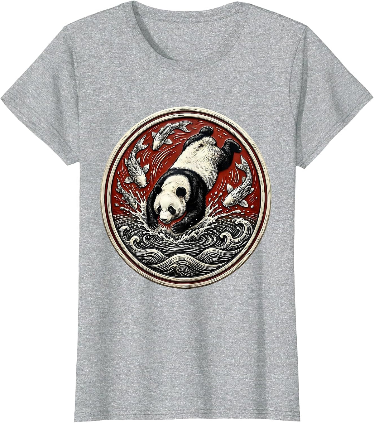 Panda Bear Diving Into Koi Pond Graphic T-Shirt - Heather Grey