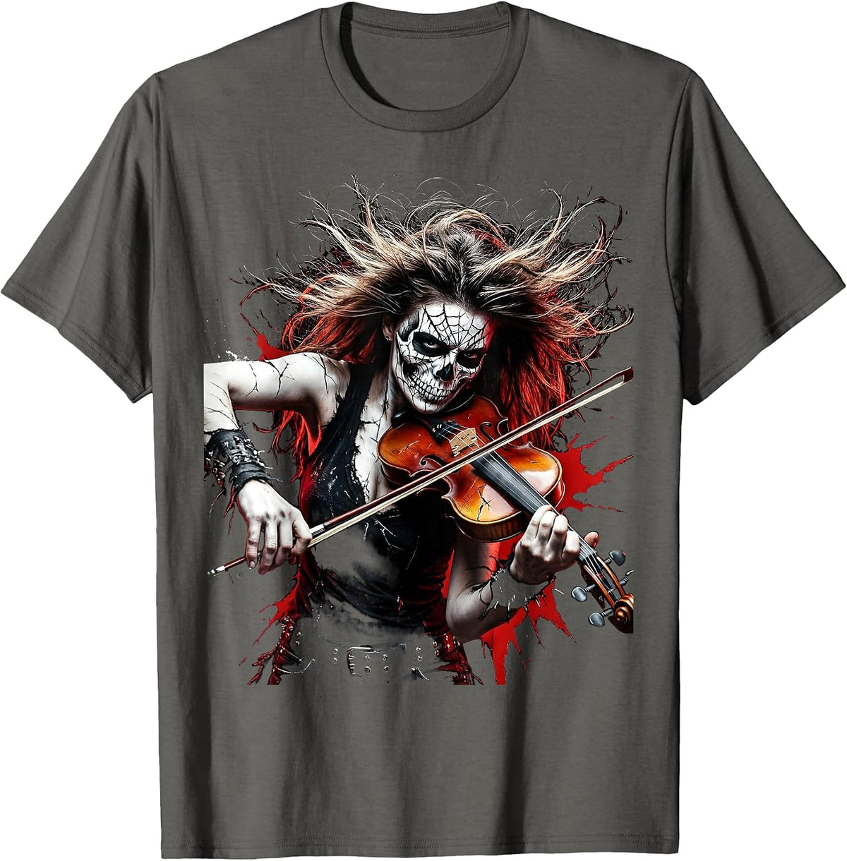 Cracked Skull Violinist Rock Musician Graphic T-Shirt - Asphalt Grey