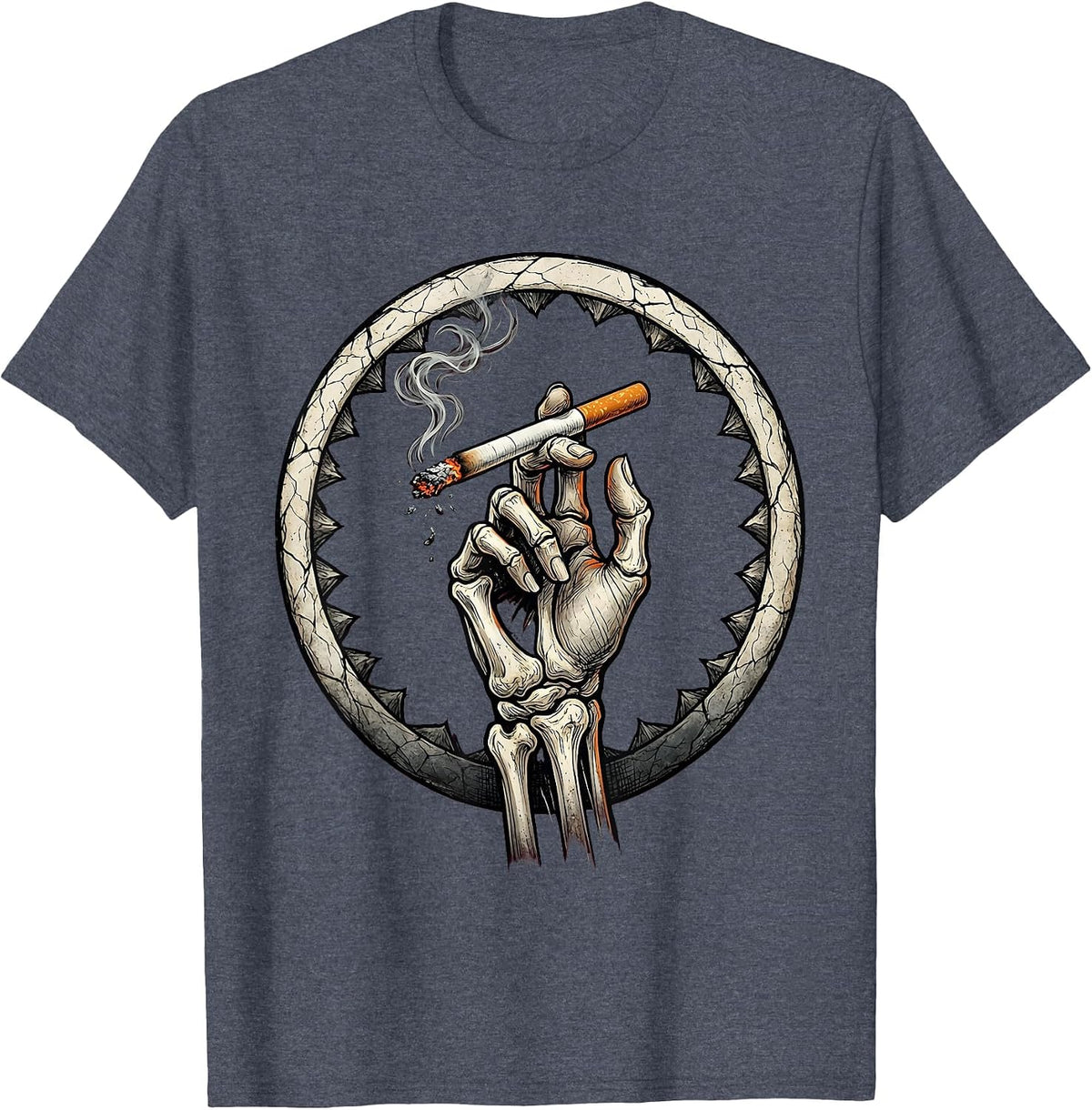 Grunge Skeletal Fingers Burning Cigarette Art T-Shirt - Heather Blue
