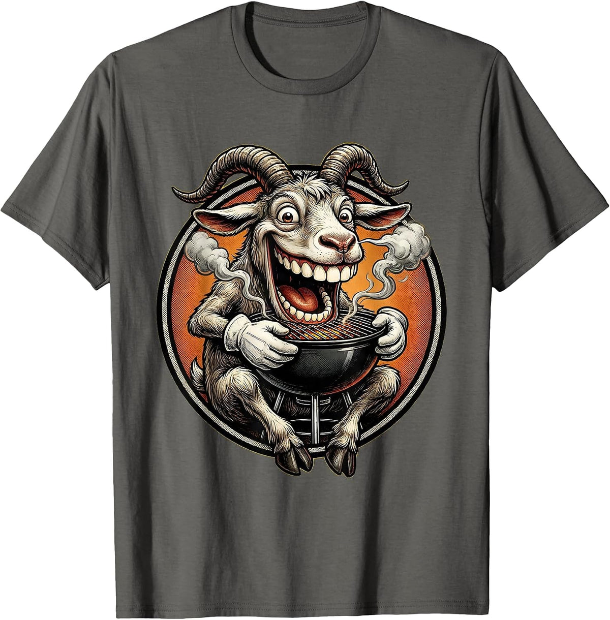 Funny Goat Eating BBQ Grill Whole Graphic T-Shirt - Asphalt Grey