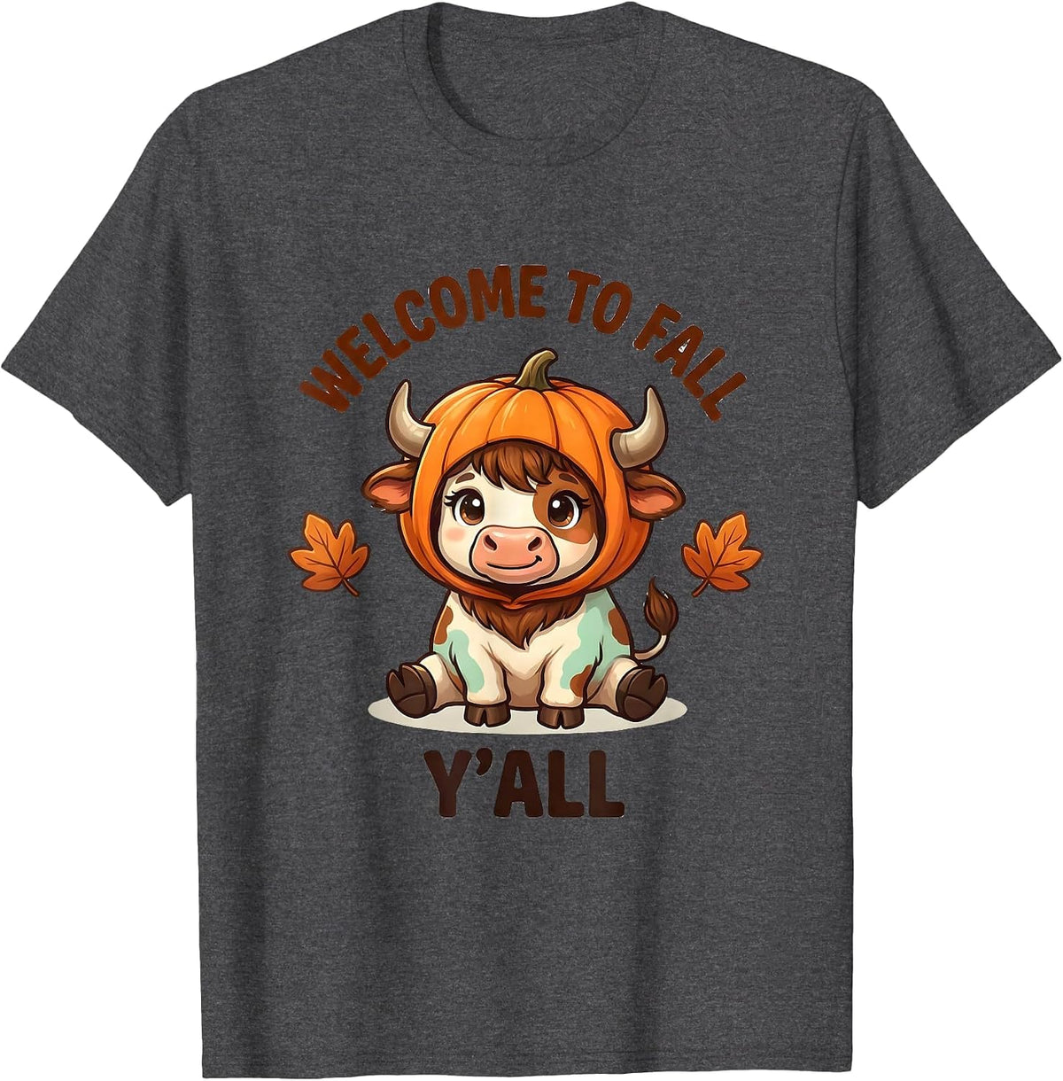Welcome To Fall, Y'All Cute Highland Cow Halloween Fall T-Shirt - Dark Heather Grey