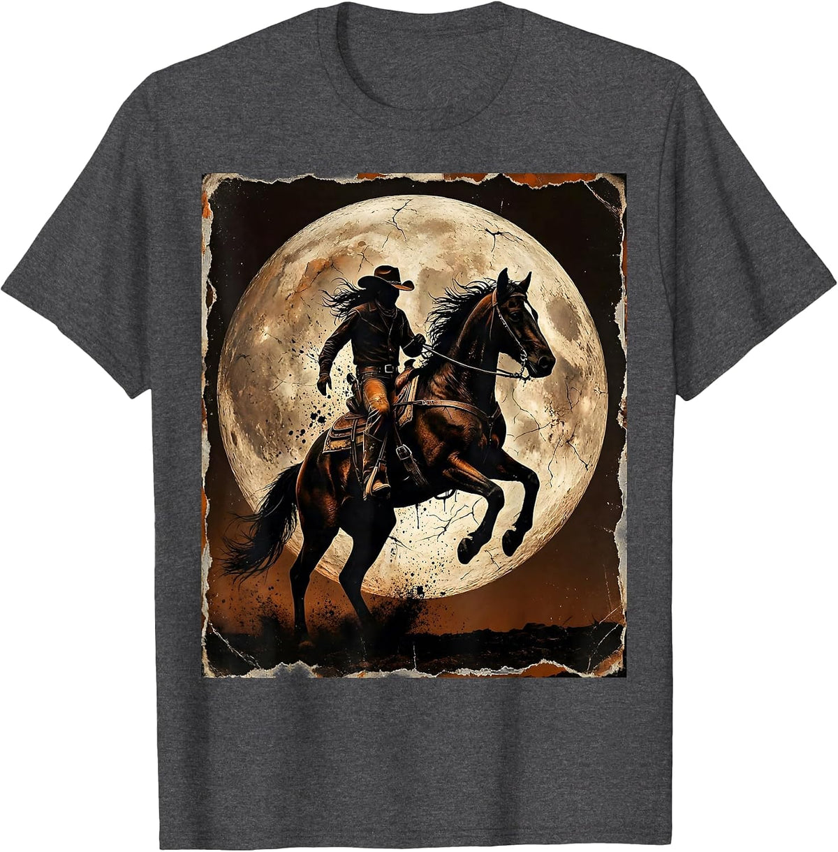 Men's White Cowgirl Rearing Horse Full Moon Graphic T-Shirt - Dark Heather Grey