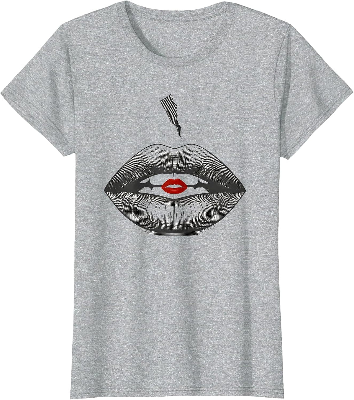 Oversized Open Lip Minimalist Flirty Romance Gift T-Shirt - Heather Grey