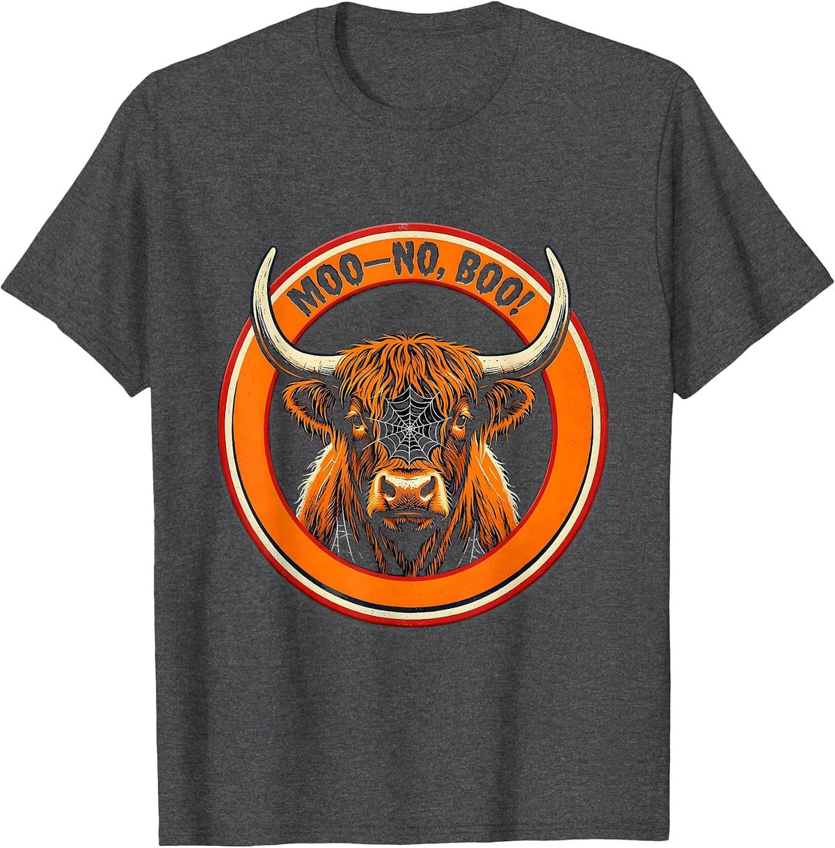 Men's Moo—No, Boo! Whimsical Highland Cow Halloween Humor T-Shirt - Dark Heather Grey