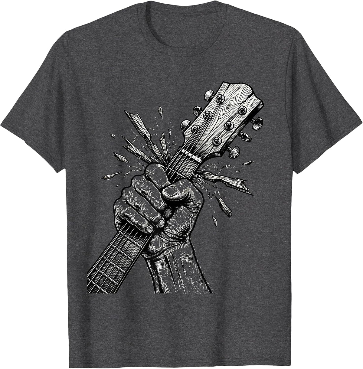 Clenched Fist Broken Guitar Neck Rock Music Art T-Shirt - Dark Heather Grey