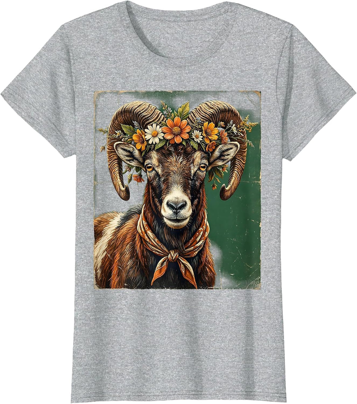 Women's Boho Flower Wreath Goat Graphic T-Shirt - Heather Grey