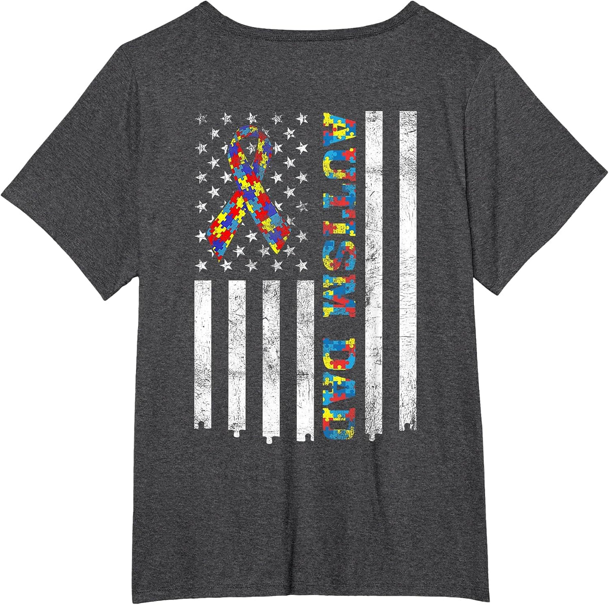 Autism Dad Autism Awareness Ribbon American Flag (On Back) T-Shirt - Dark Heather Grey