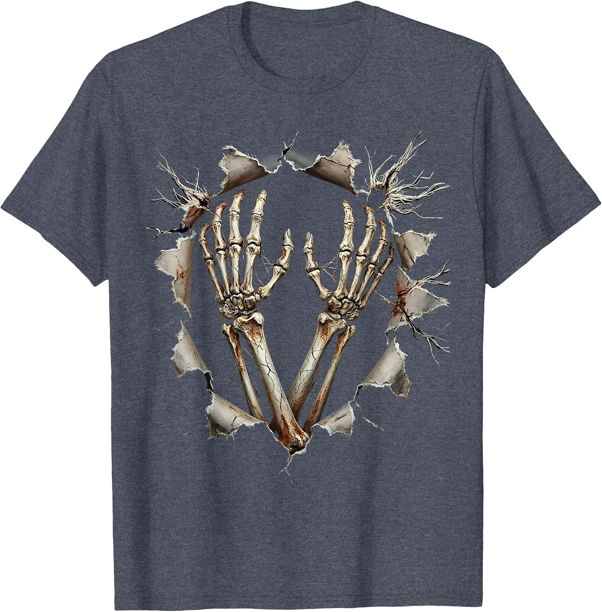 Men's Skeleton Hands Breaking Through Torn Fabric T-Shirt - Heather Blue