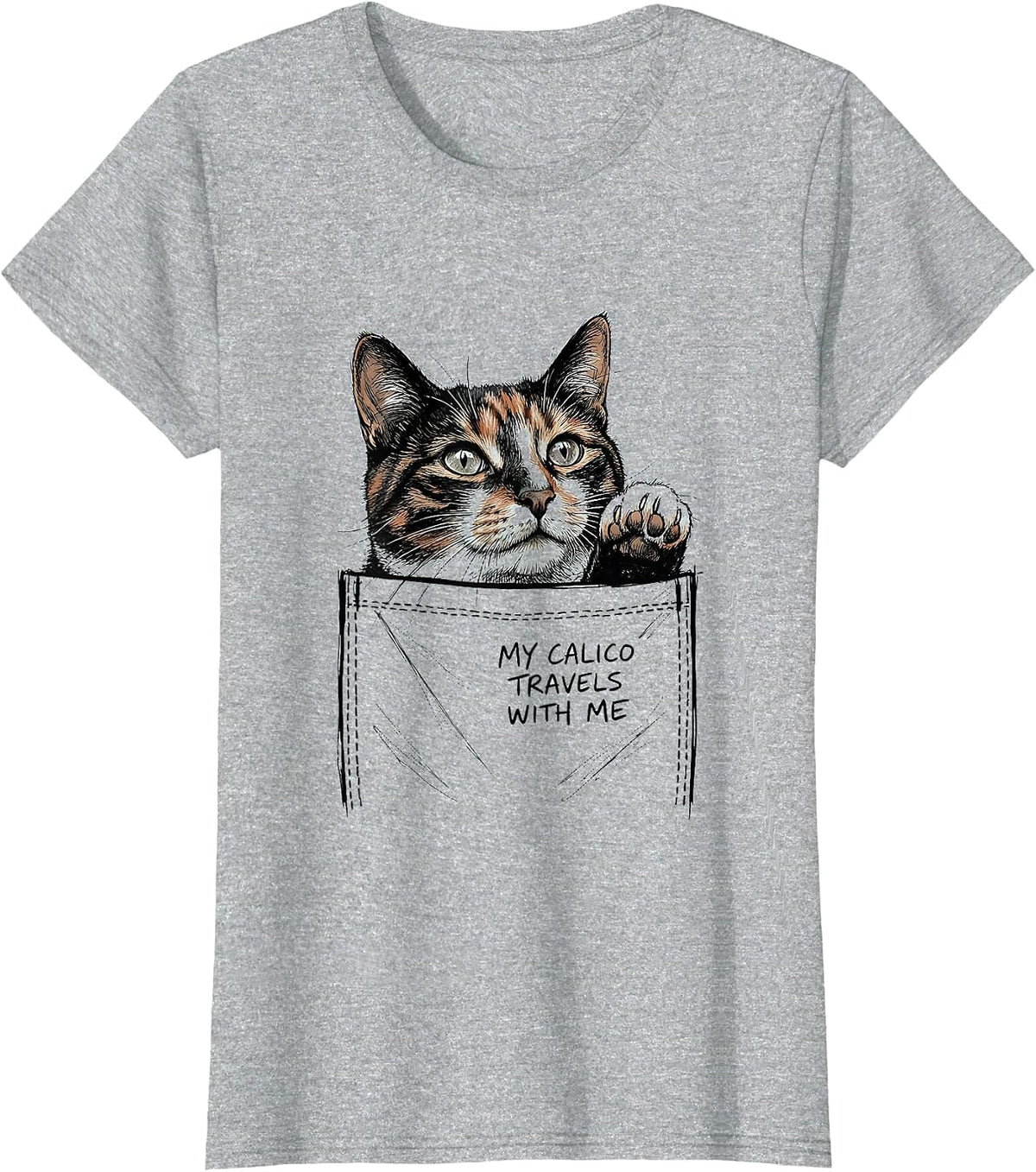 My Calico Travels With Me Cute Cat Lover Hand-Sketched Pet T-Shirt - Heather Grey