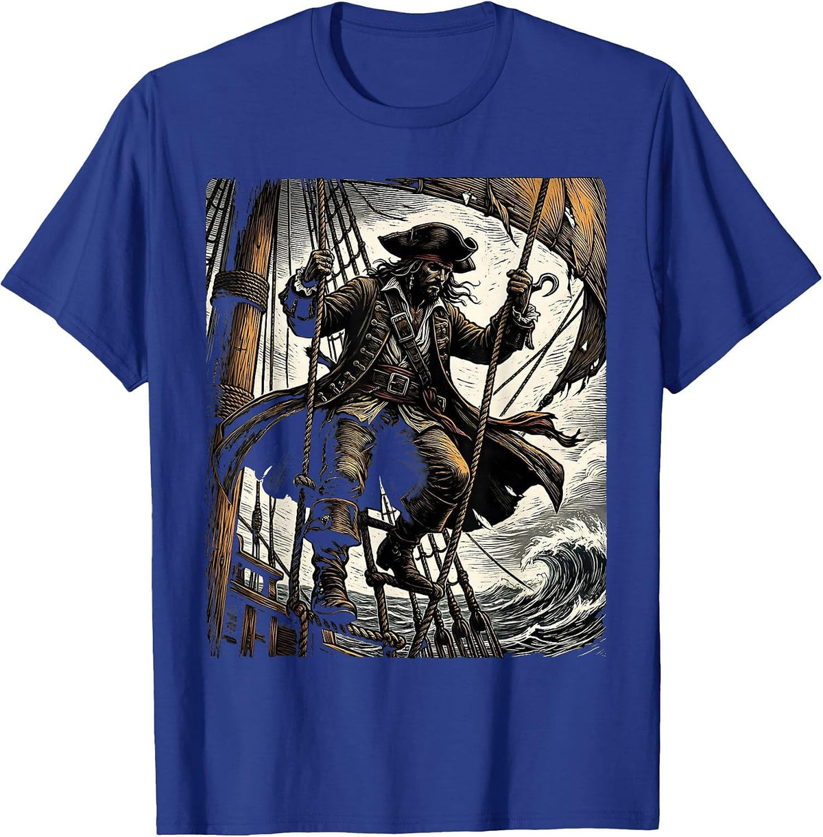 Shadowy Pirate Climbing Ship Rope Ladder T-Shirt - Royal Blue