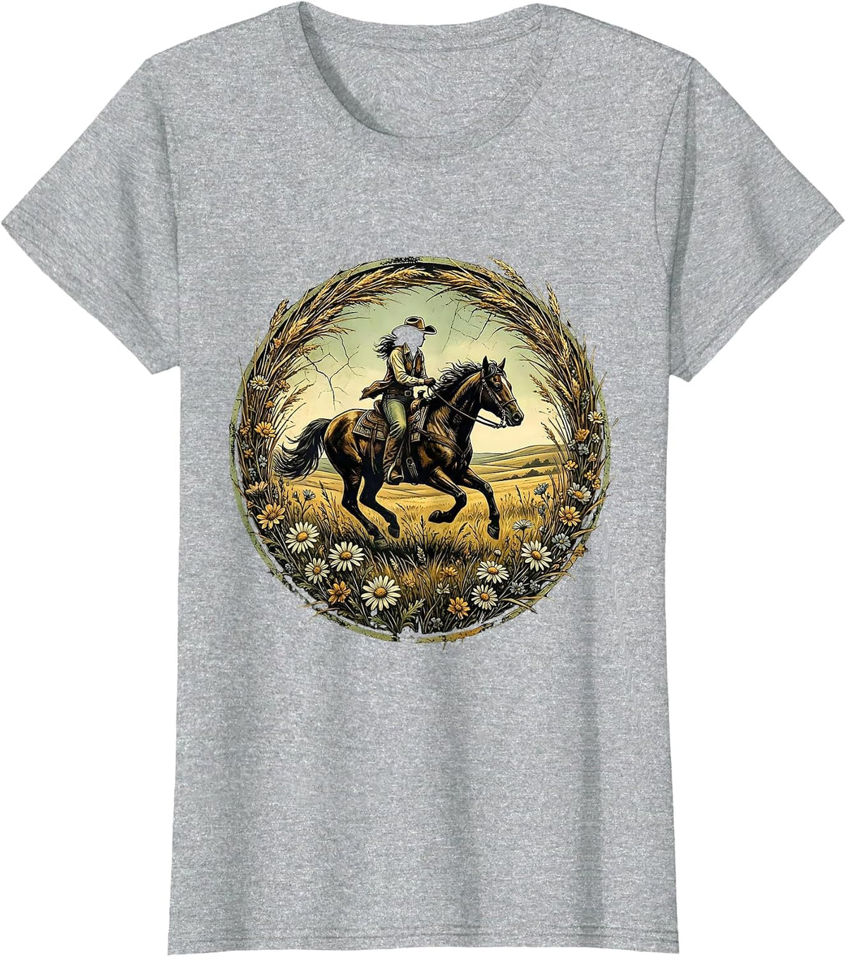 Cowgirl Galloping Horse Through Open Meadow T-Shirt - Heather Grey