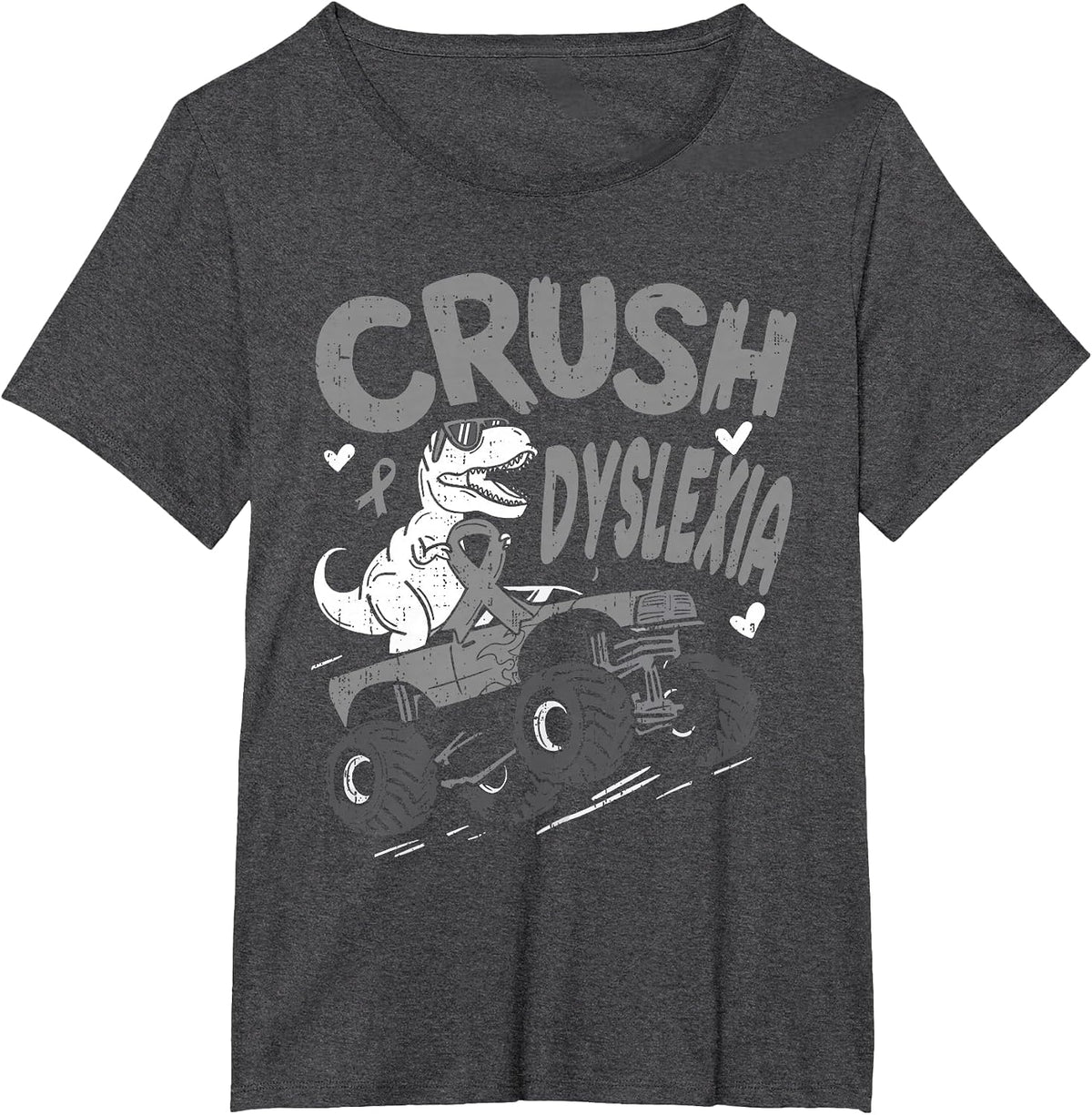 Crush Dyslexia Awareness Dino T Rex Ribbon Silver Boy Kids T-Shirt - Dark Heather Grey
