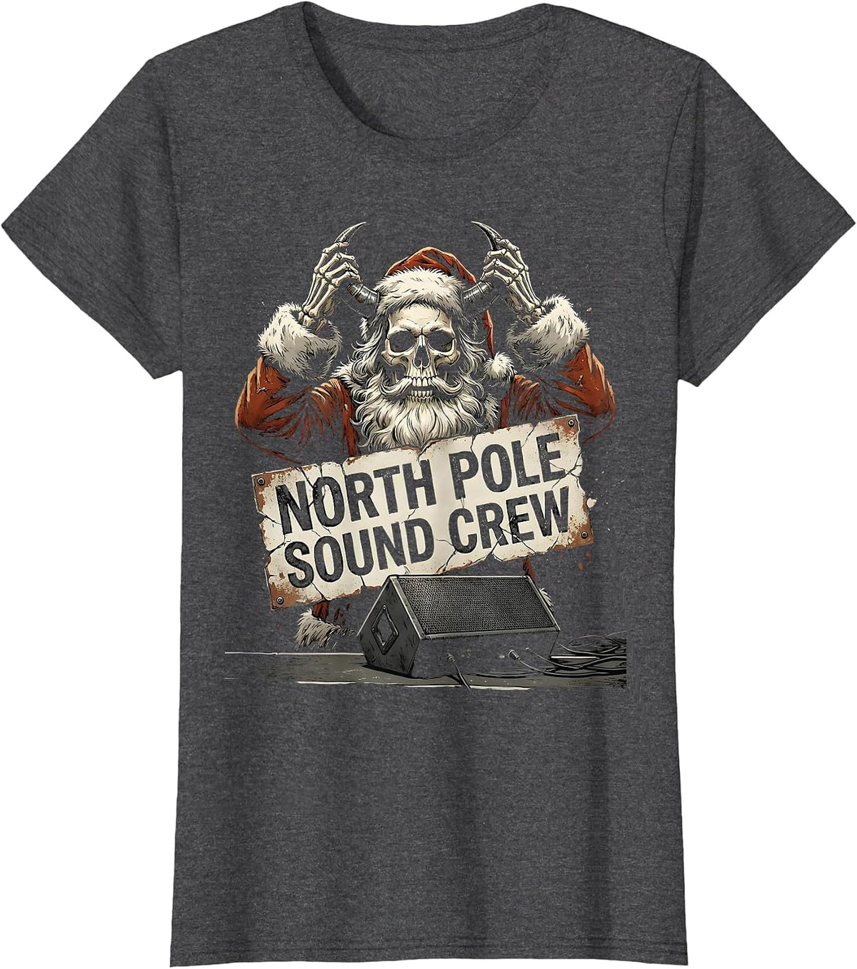 Women's North Pole Sound Crew Distressed Heavy Metal Santa Parody T-Shirt - Dark Heather Grey
