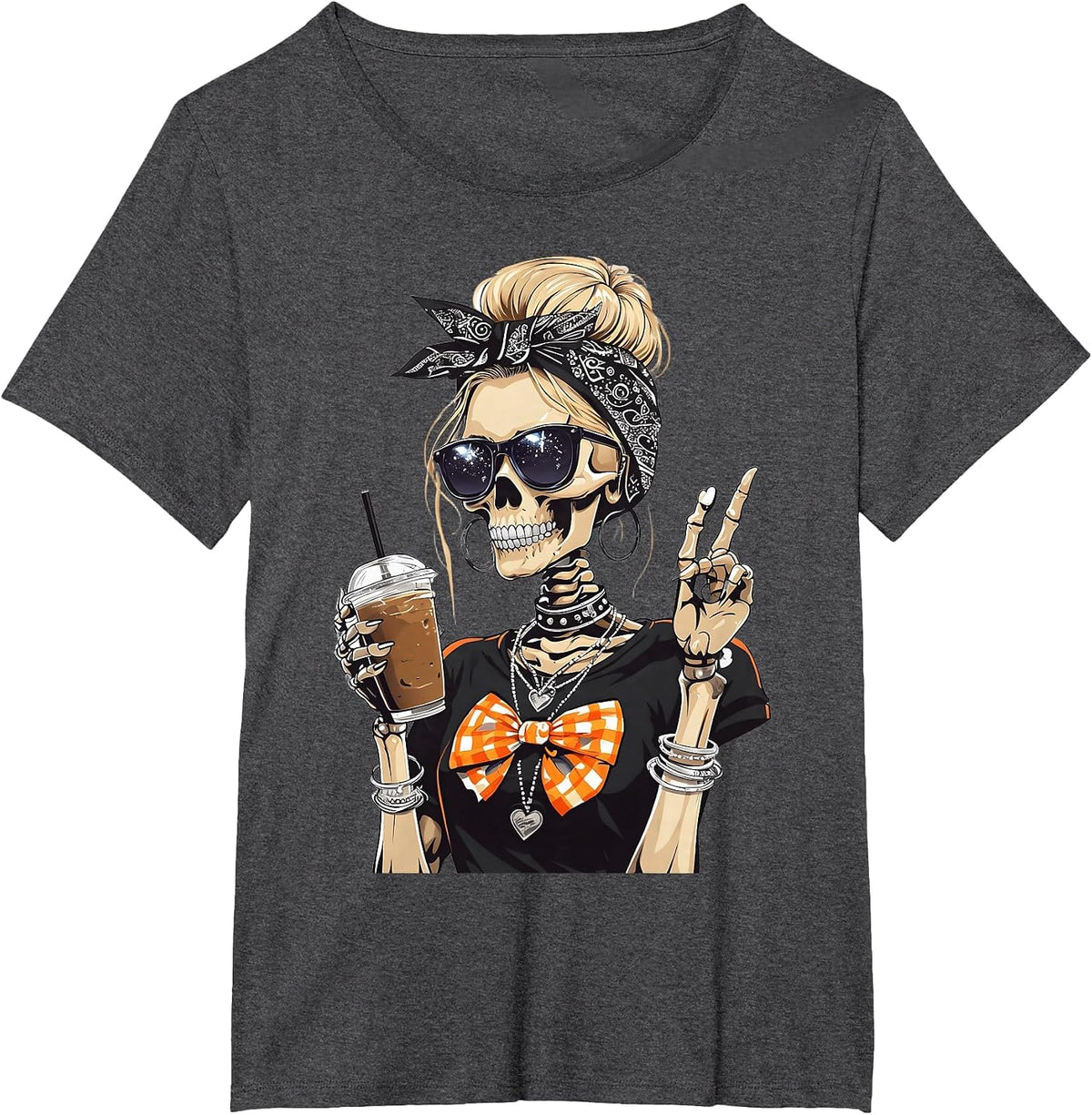 Skeleton Girl Drinking Coffee Peace Sign Graphic for Women T-Shirt - Dark Heather Grey