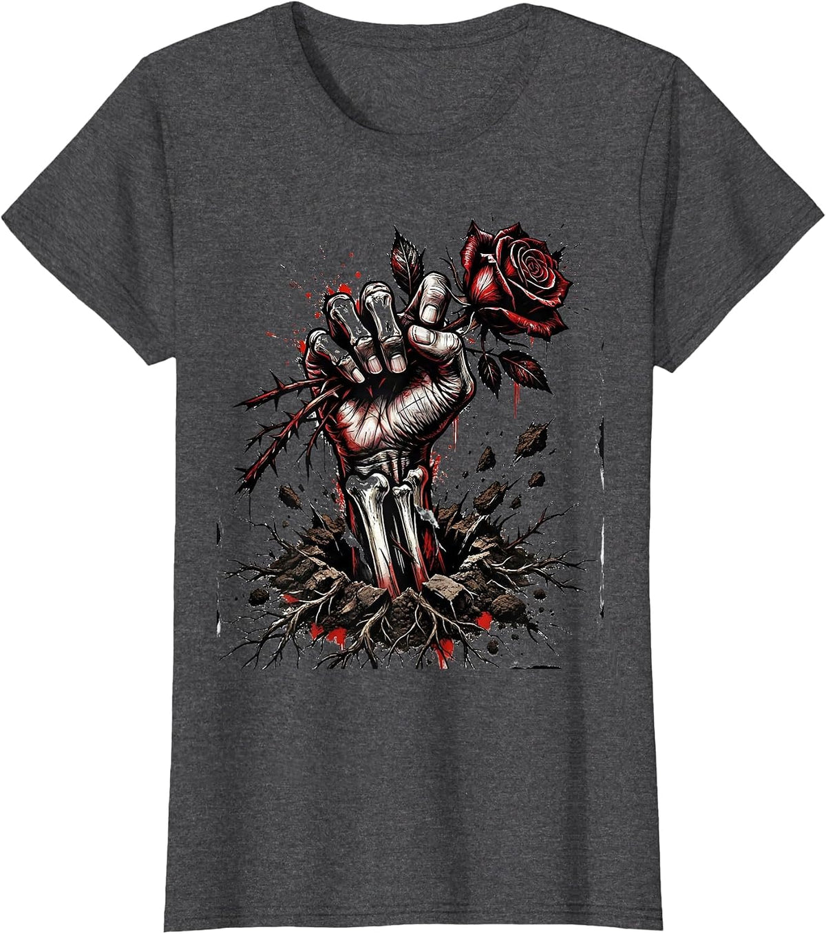 Women's Goth Rose Hand Emerging From Soil Dark Art T-Shirt - Dark Heather Grey