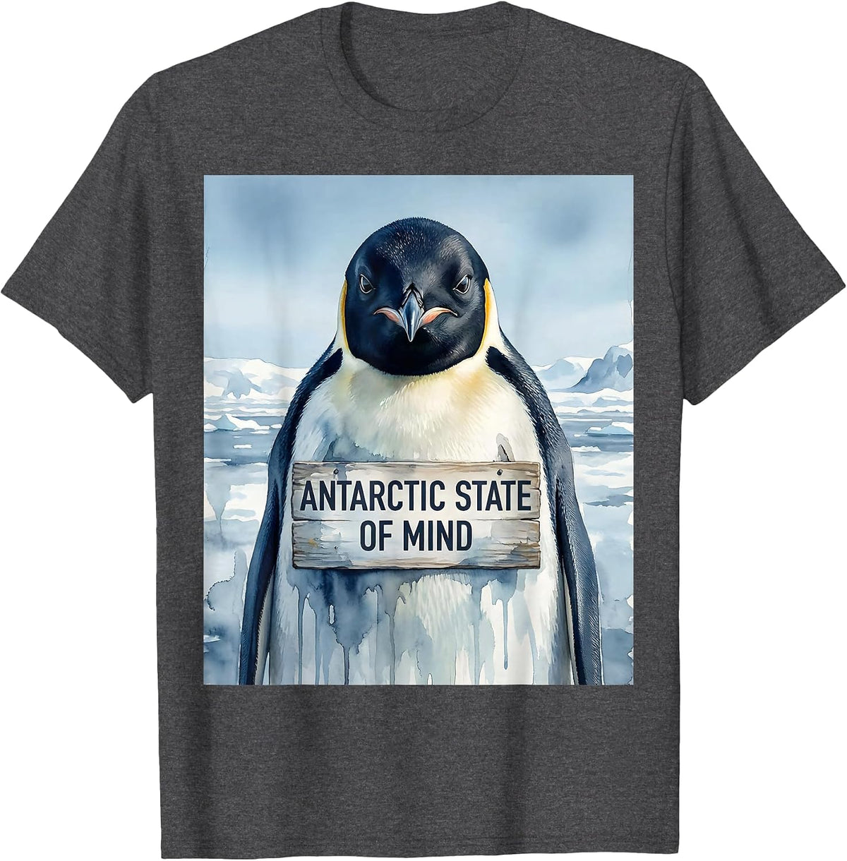Men's Antarctic State of Mind Penguin Design T-Shirt - Dark Heather Grey