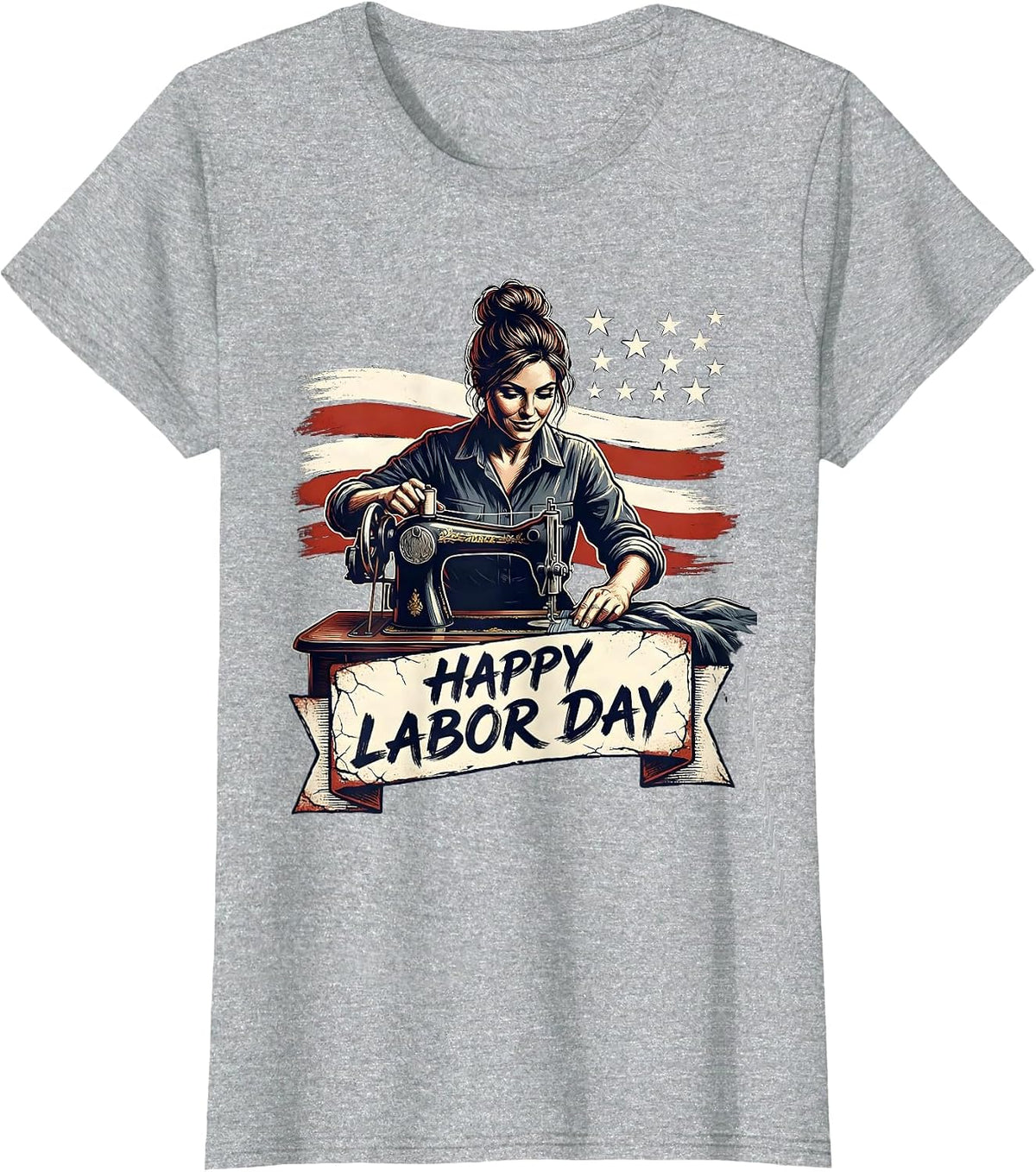 Women's Happy Labor Day Distressed Patriotic Woman Messy Bun Labor T-Shirt - Heather Grey