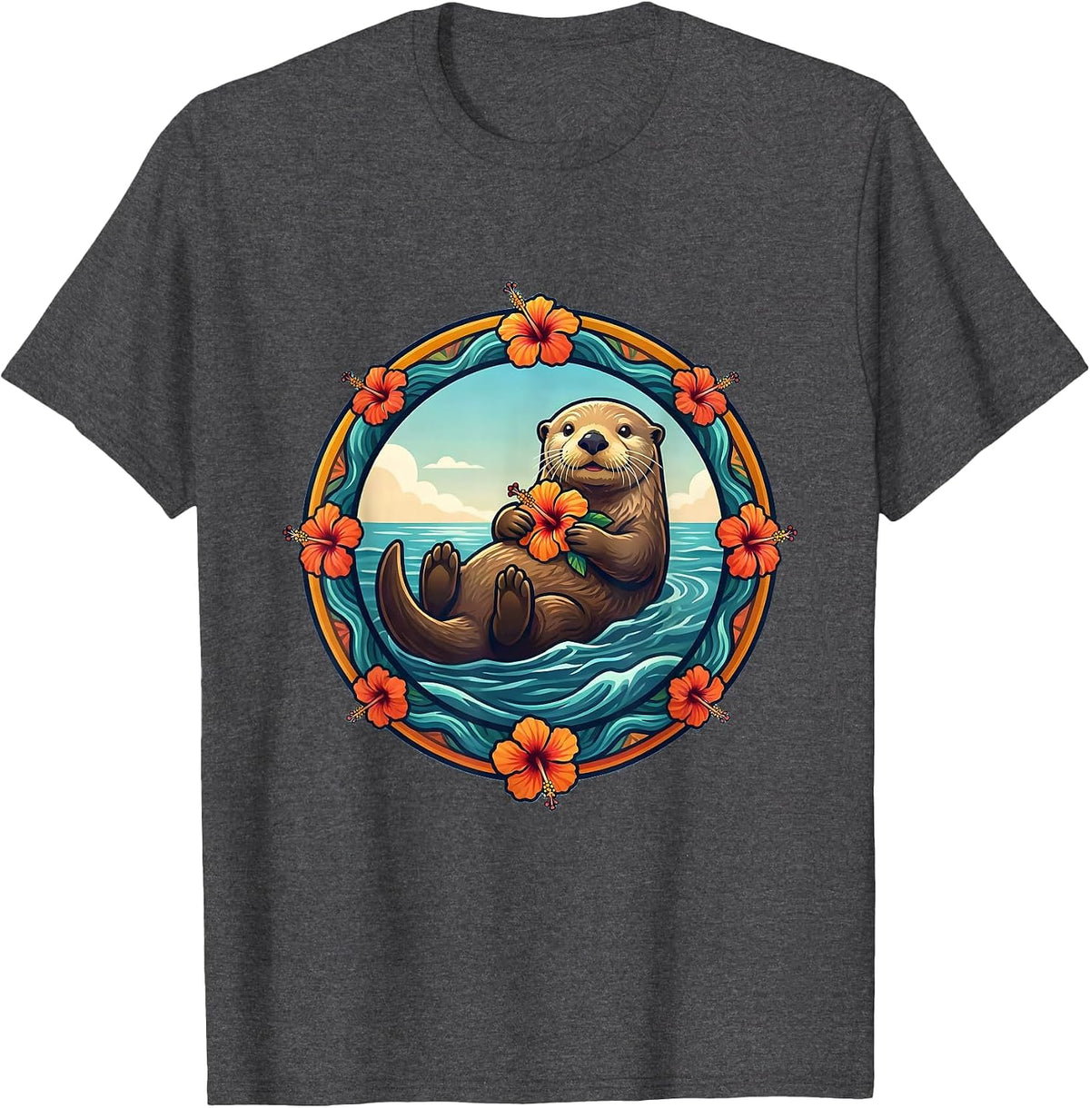 Men's Kids Hawaiian Sea Otter Hibiscus Flower Design T-Shirt - Dark Heather Grey