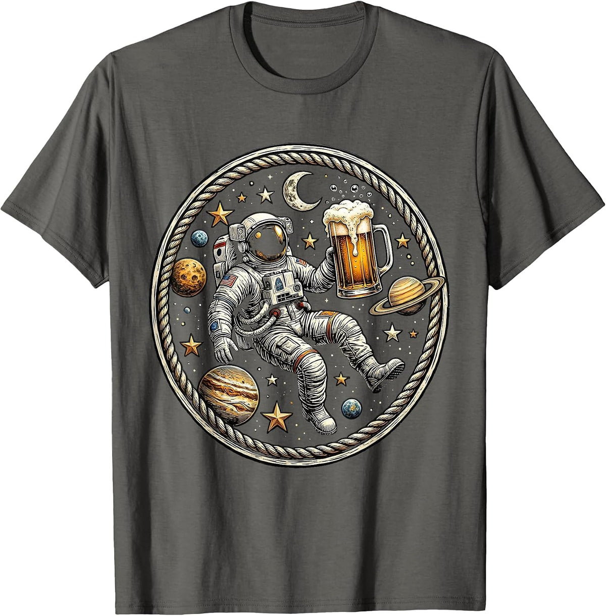 Men's Astronaut Floating With Beer in Outer Space T-Shirt - Asphalt Grey