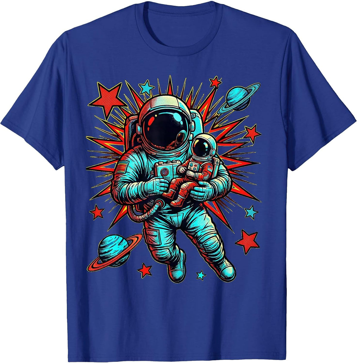 Men's Astronaut Dad and Child Floating in Space T-Shirt - Royal Blue
