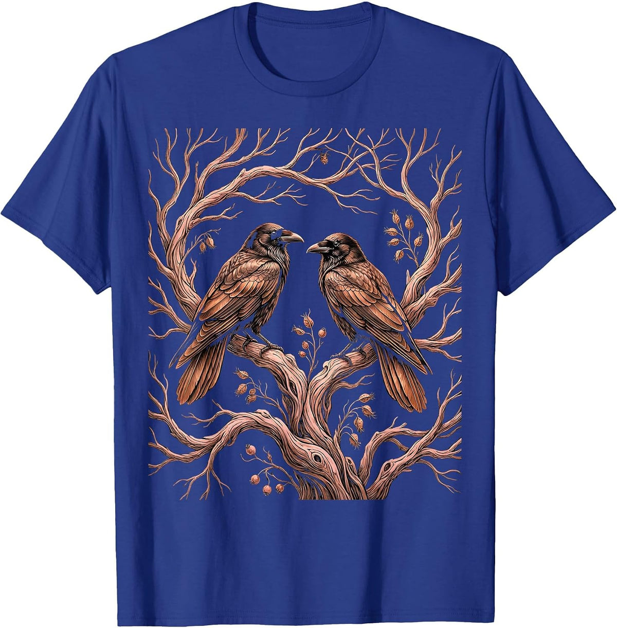 Crows on Bare Winter Tree Branches Illustration T-Shirt - Royal Blue