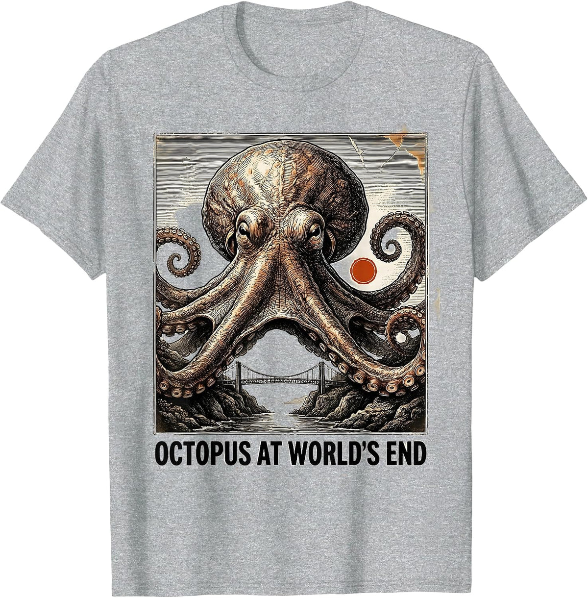 Men's Octopus at World's End Antique Plate-Illustration Octopus T-Shirt - Heather Grey