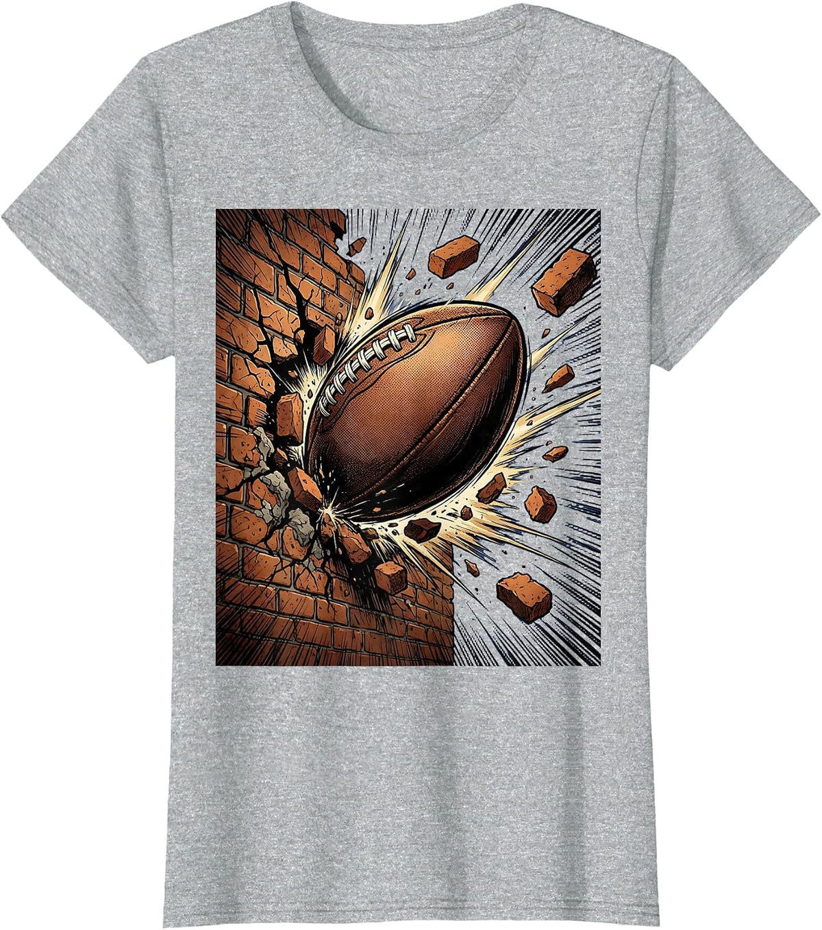 Rugby Ball Smashing Through Brick Wall Graphic T-Shirt - Heather Grey