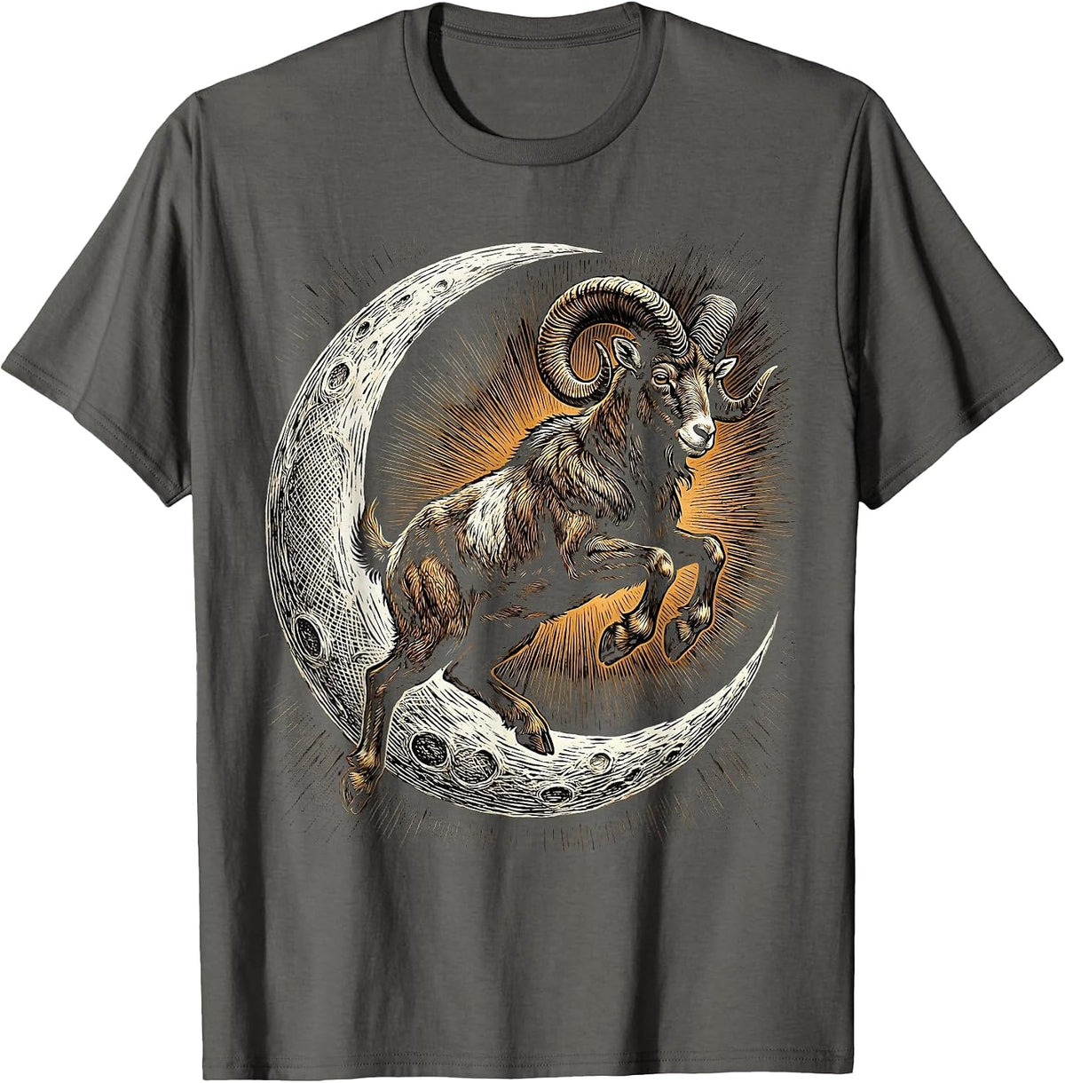 Goat Jumping Over Crescent Moon Illustration T-Shirt - Asphalt Grey
