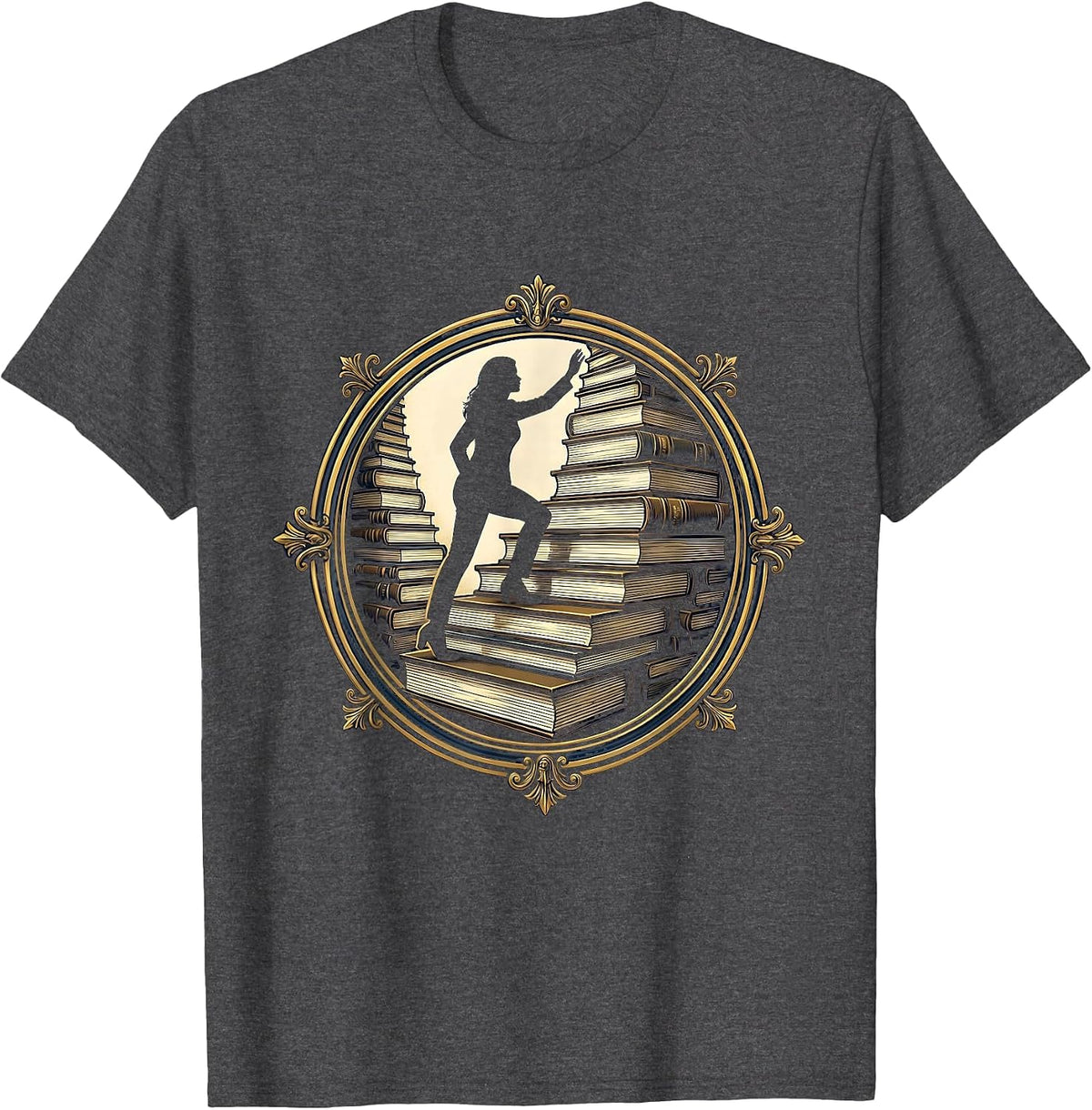 Book Lover Staircase Climbing Illustration T-Shirt - Dark Heather Grey