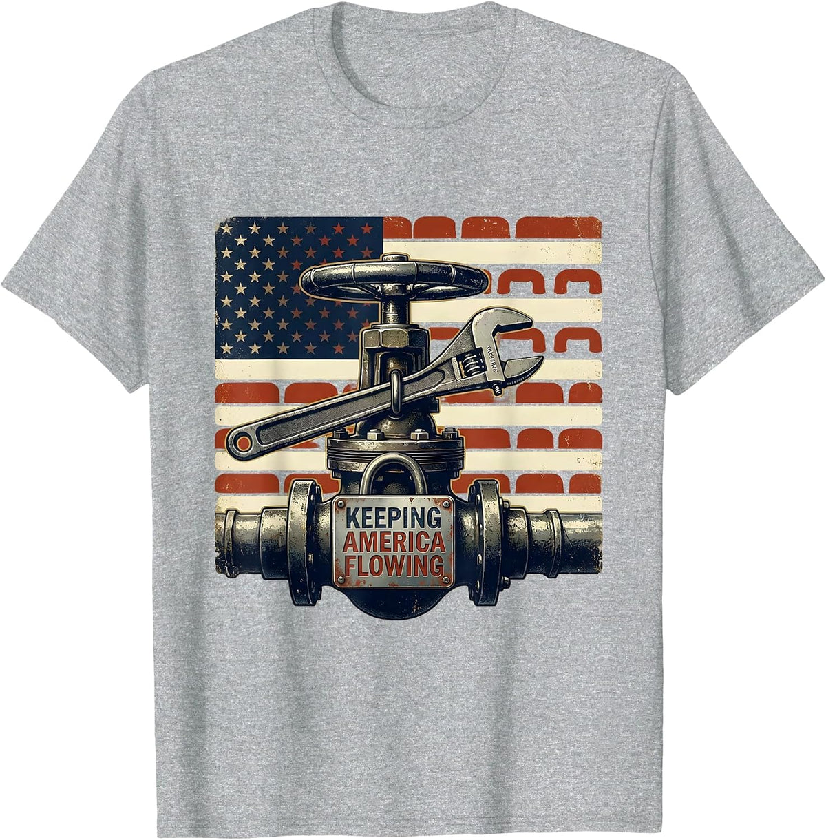 Men's Keeping America Flowing Vintage Plumber American Flag T-Shirt - Heather Grey