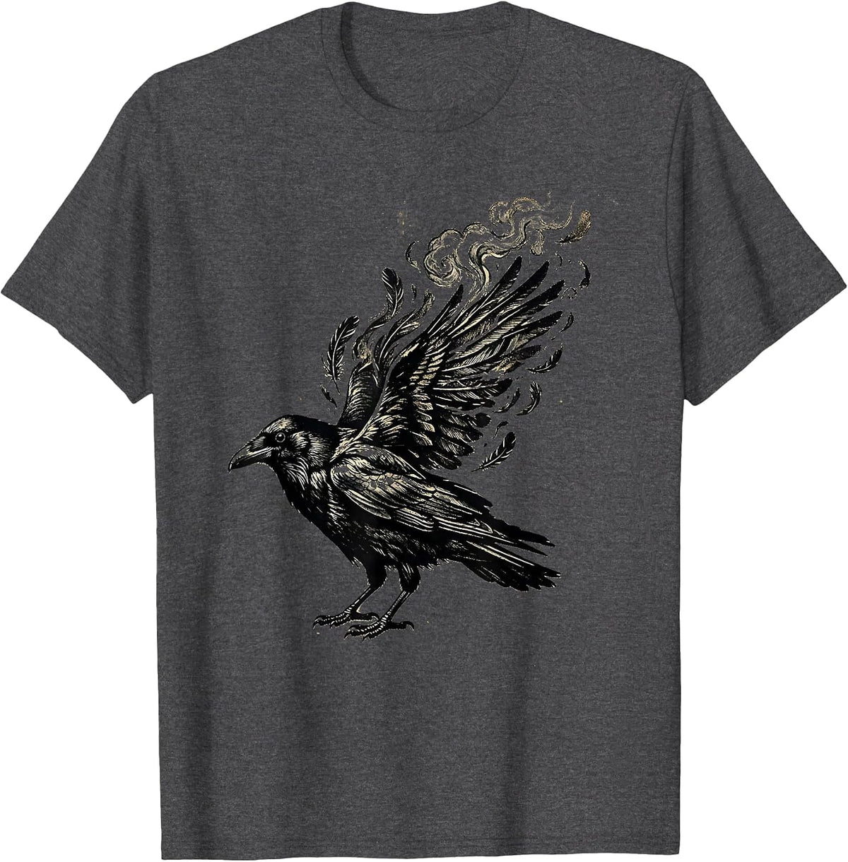 Men's Crow Dissolving Into Coffee Steam Art Design T-Shirt - Dark Heather Grey