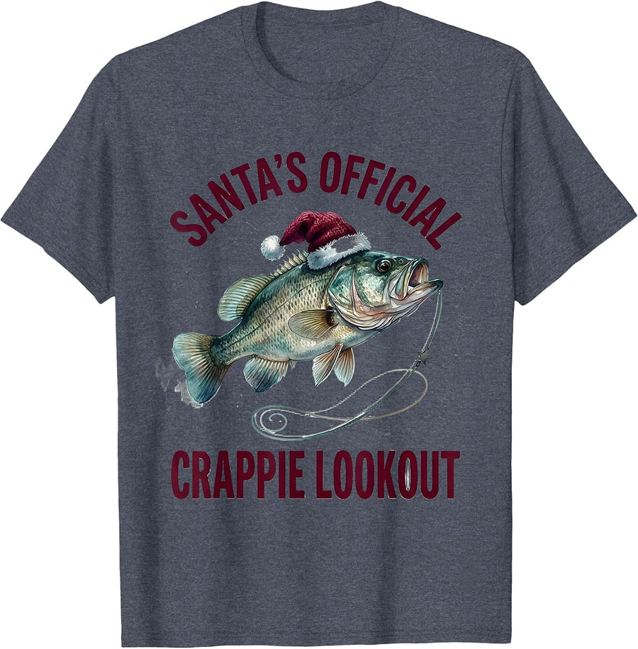 Santa's Official Crappie Lookout Watercolor Christmas T-Shirt - Heather Blue