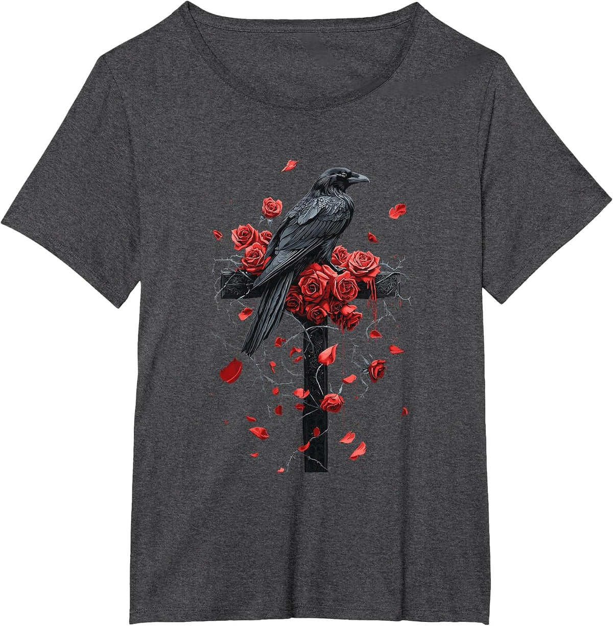 Raven with Roses on Cross Gothic T-Shirt - Dark Heather Grey
