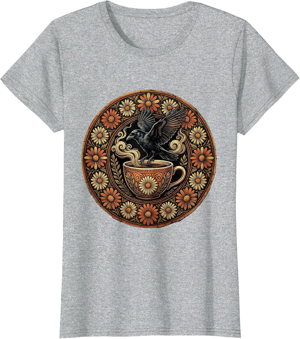 Crow Landing on Coffee Cup Illustration T-Shirt - Heather Grey