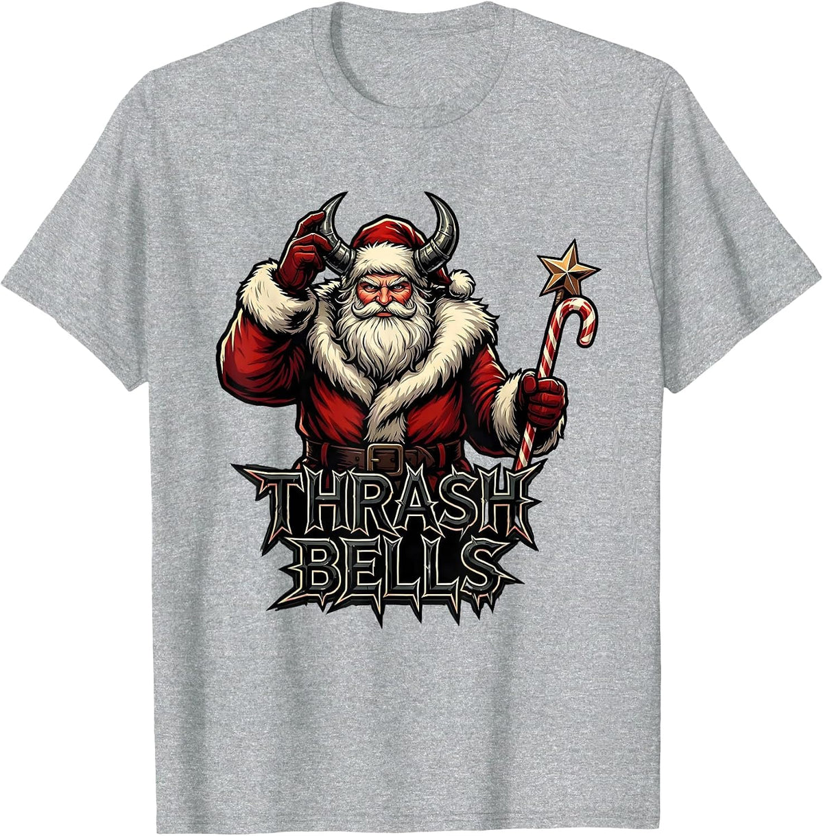 Men's Thrash Bells Heavy Metal Santa Parody Rocker Holiday T-Shirt - Heather Grey