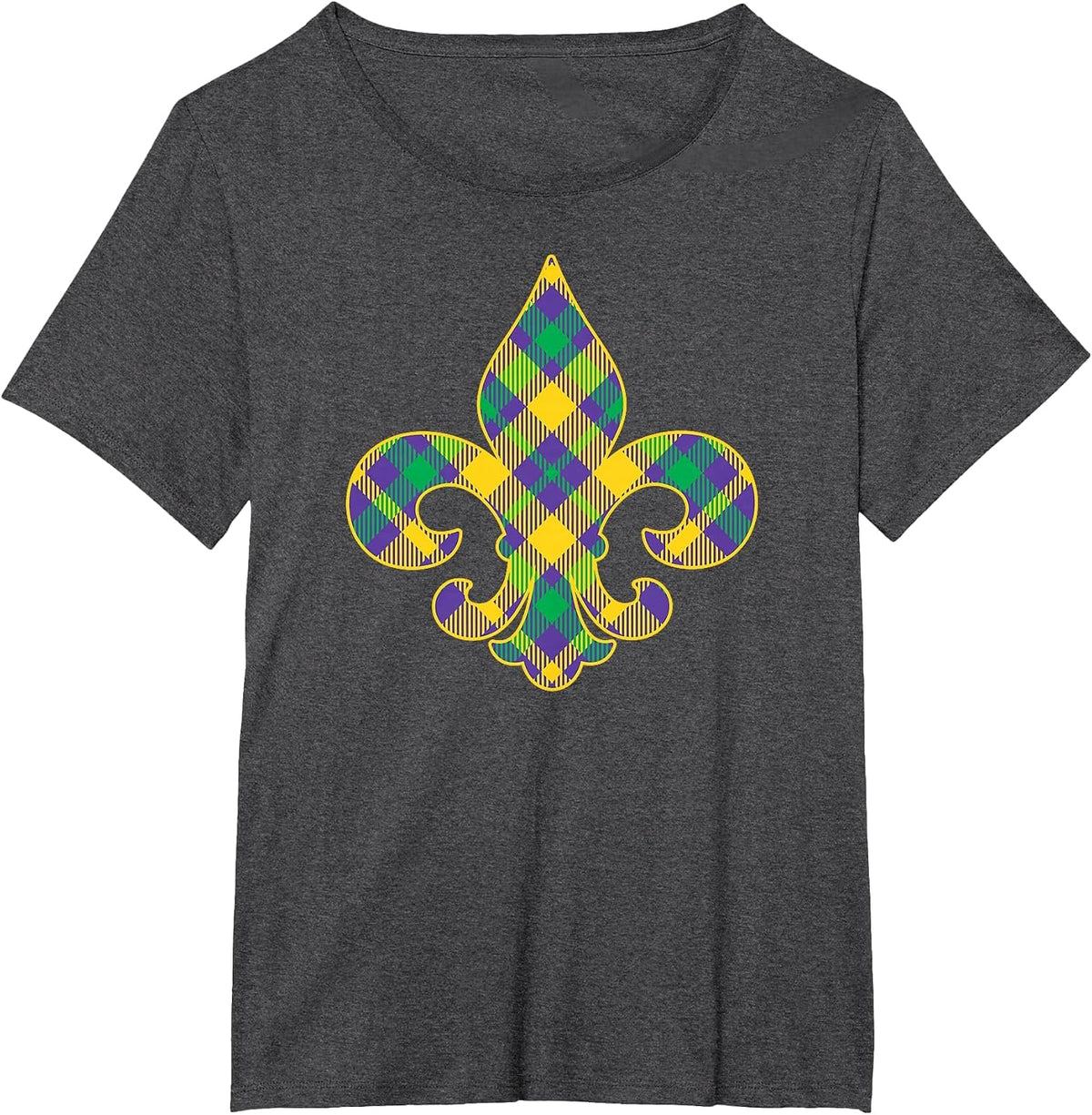 Plaid Mardi Gras Fleur De LYS Symbol T-Shirt - Dark Heather Grey