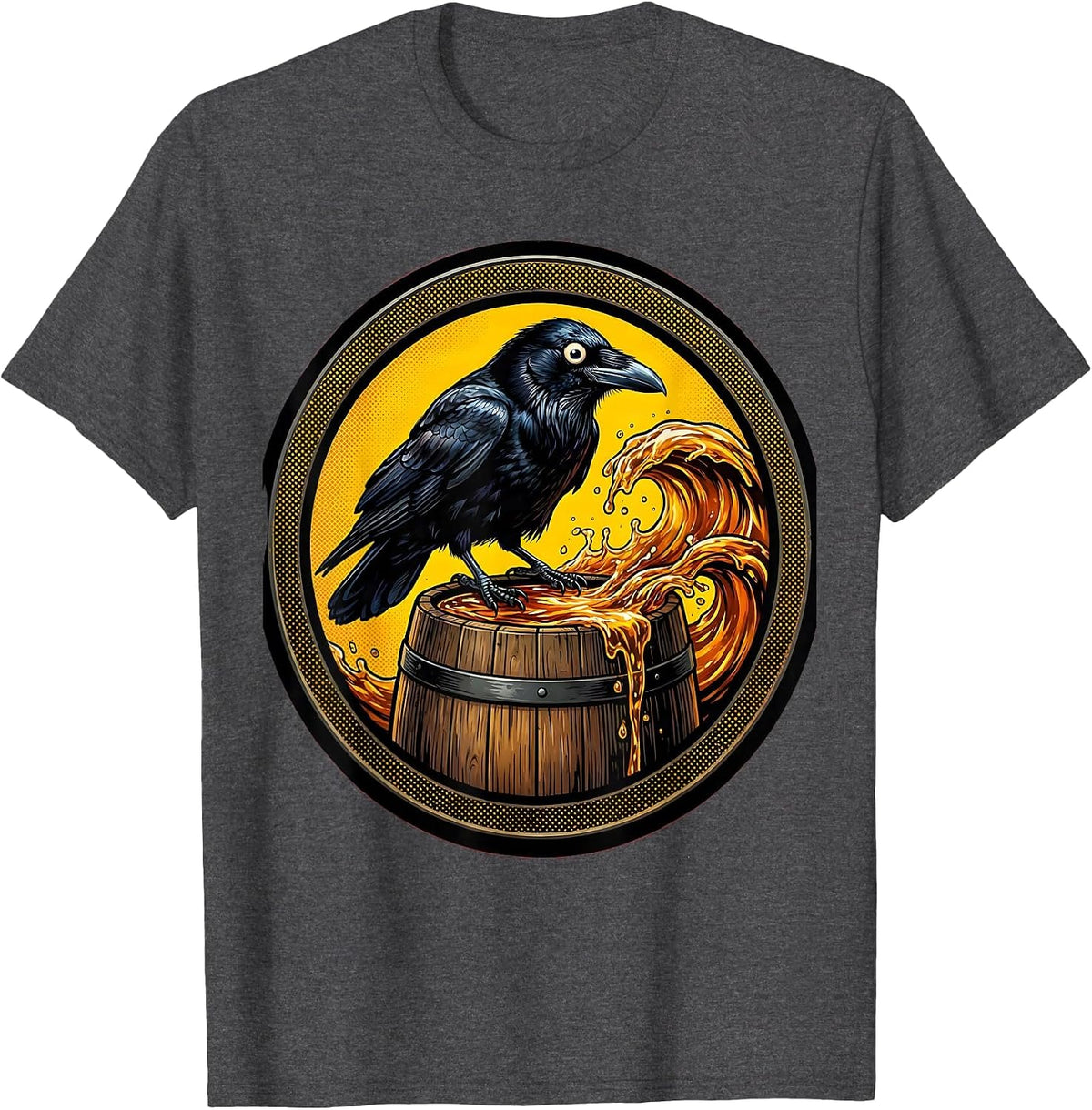 Men's Crow on Whiskey Barrel Halloween Graphic T-Shirt - Dark Heather Grey