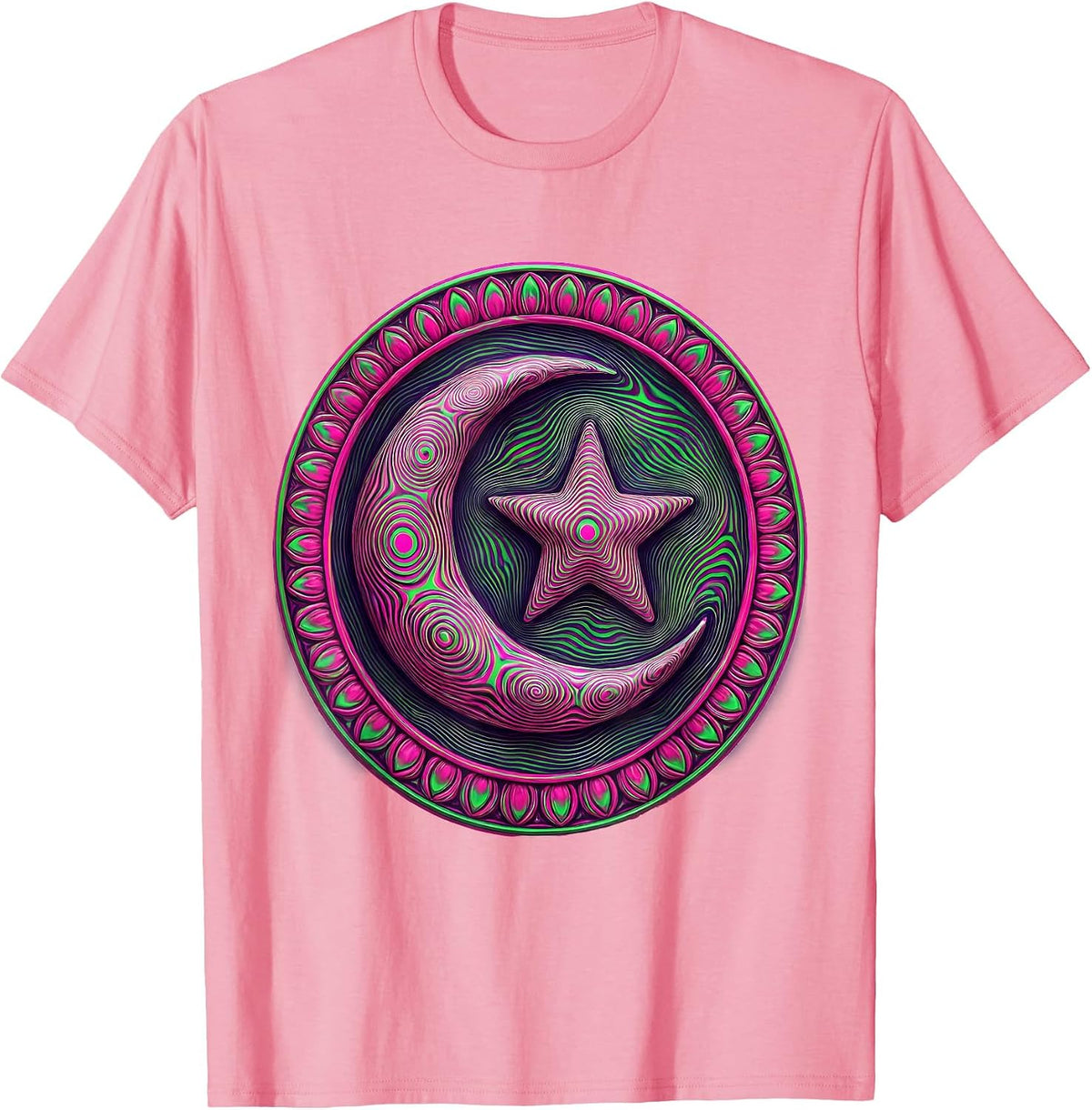 Men's Star and Crescent Moon Celestial Illustration T-Shirt - Pink