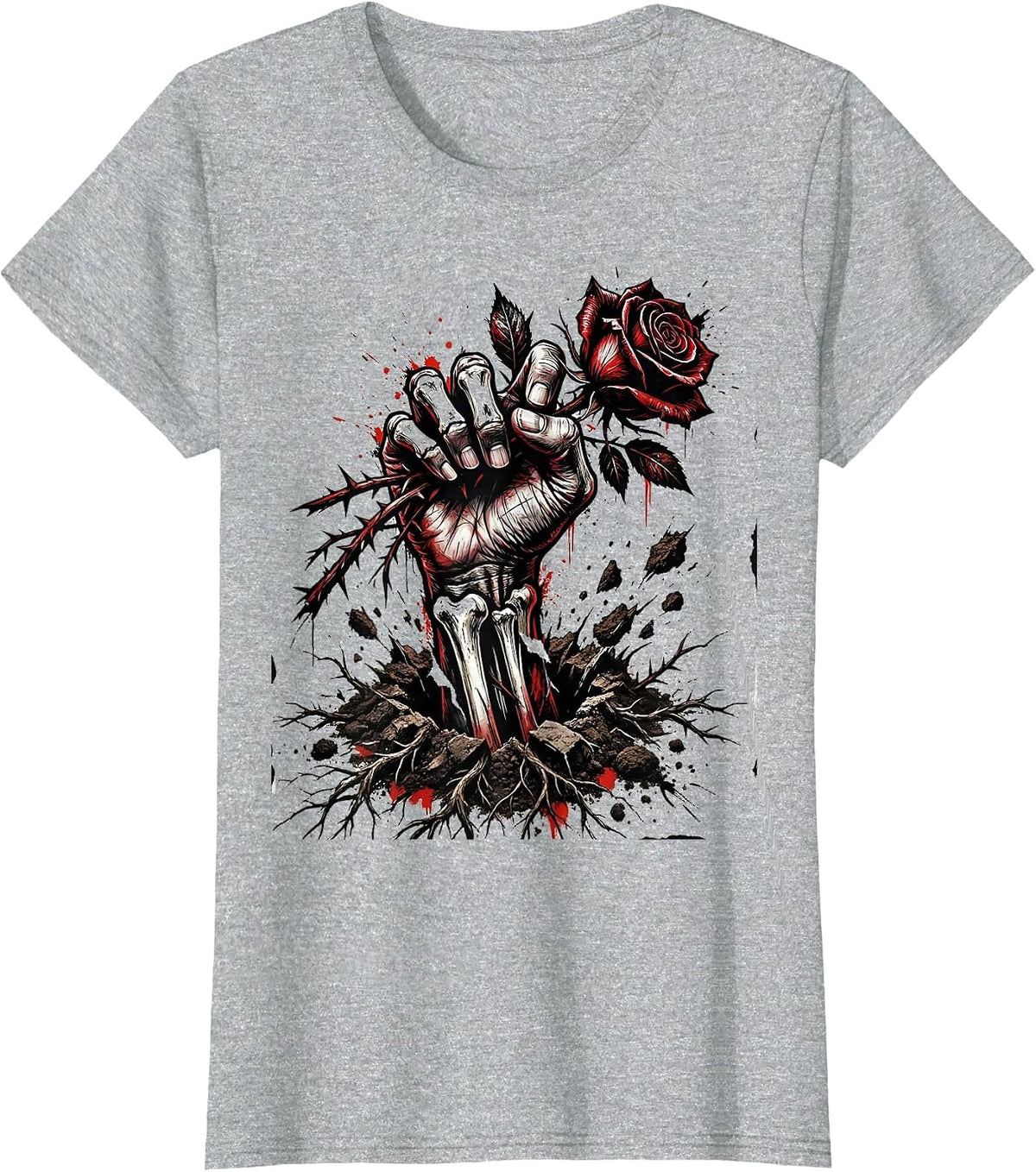 Women's Goth Rose Hand Emerging From Soil Dark Art T-Shirt - Heather Grey