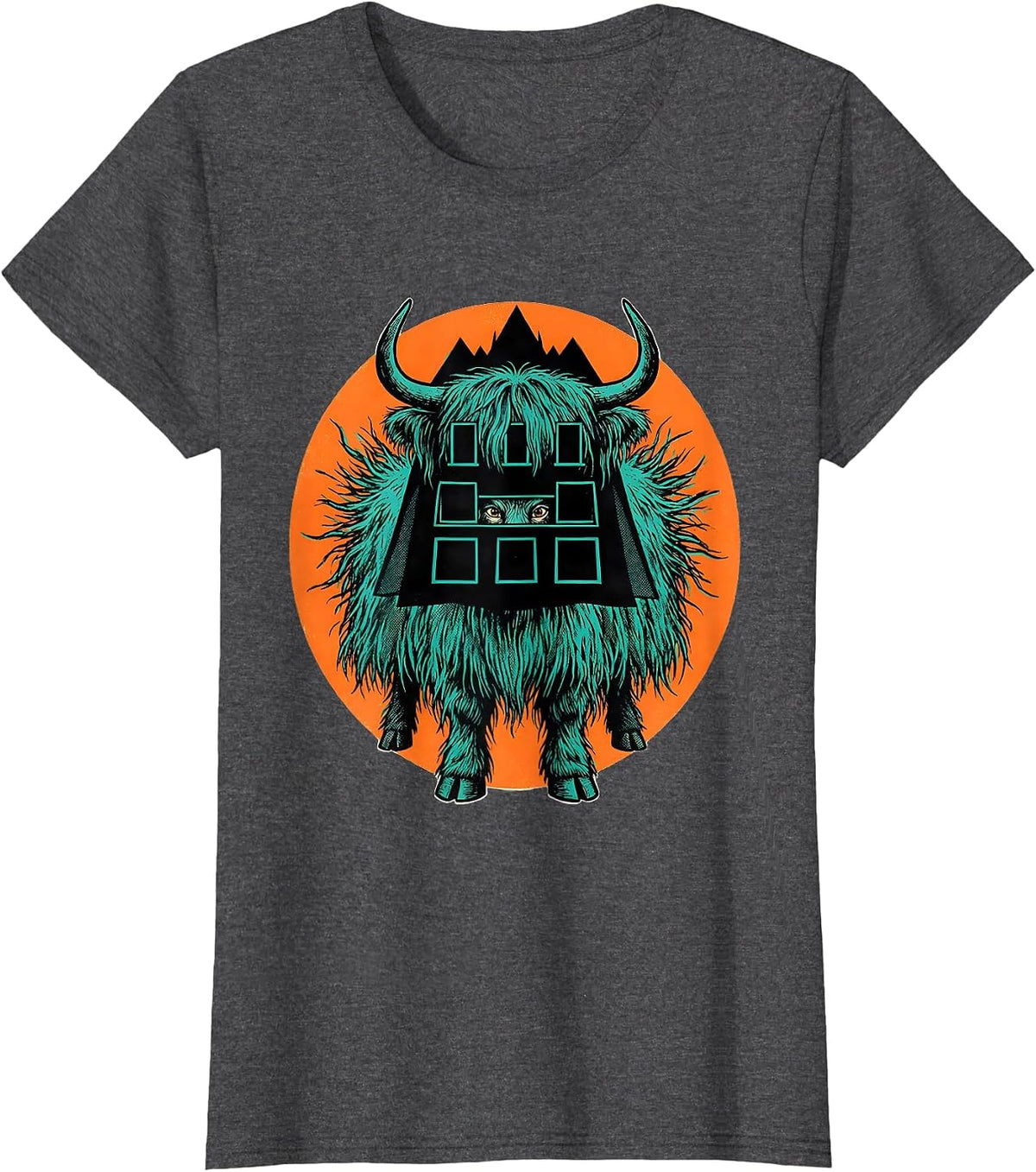 Women's Highland Cow Haunted House Cape Halloween Fall Costume Humor T-Shirt - Dark Heather Grey