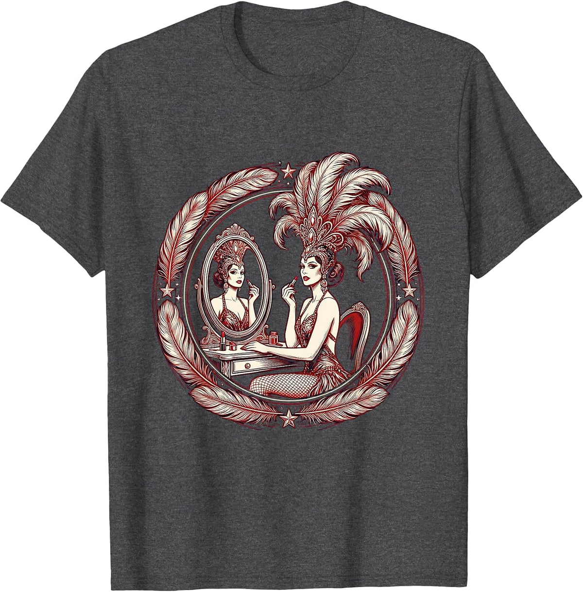 Showgirl Lipstick Vanity Mirror Glam Illustration T-Shirt - Dark Heather Grey