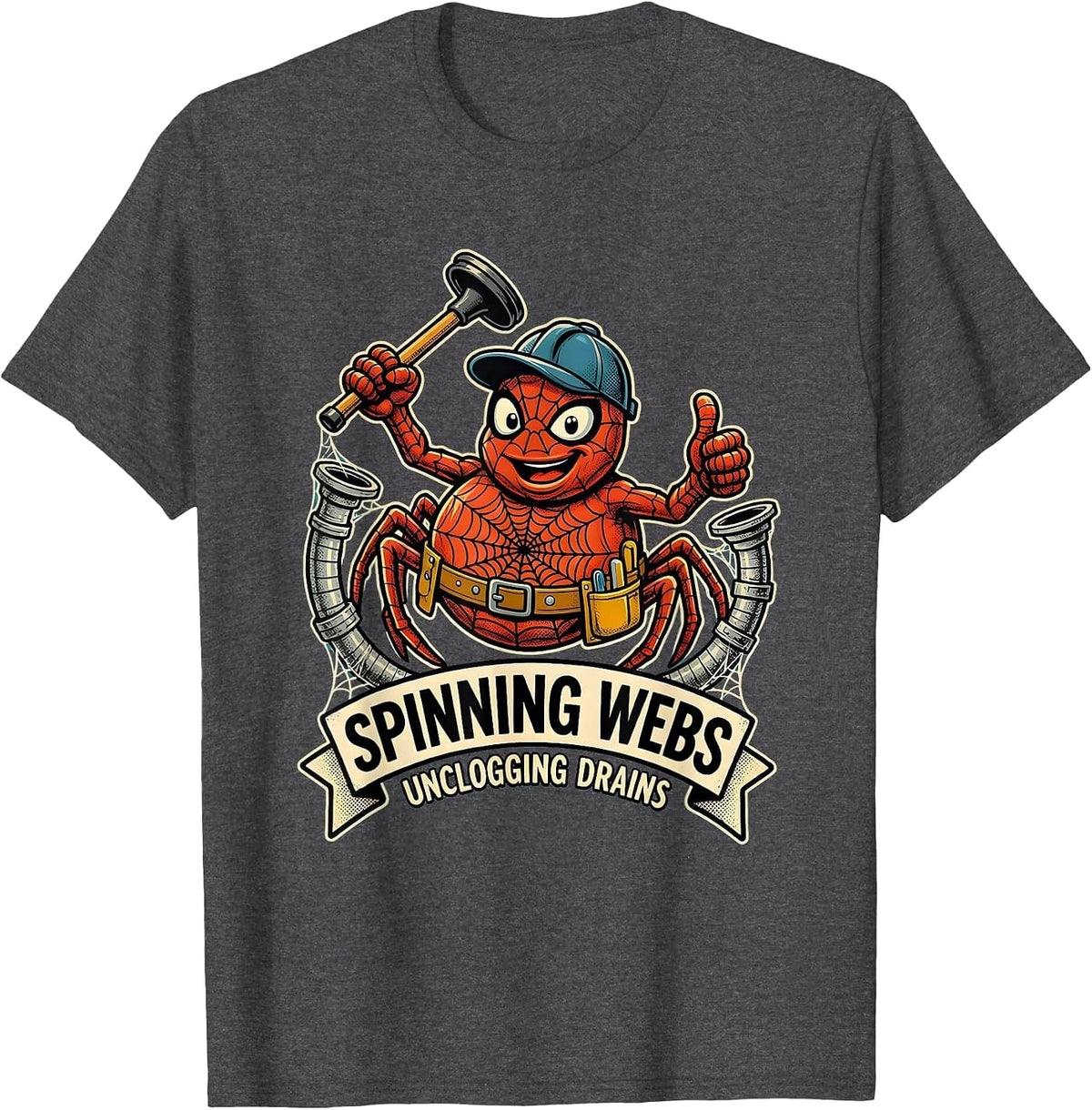 Halloween Spider Plumber Web Pipes Design T-Shirt - Dark Heather Grey