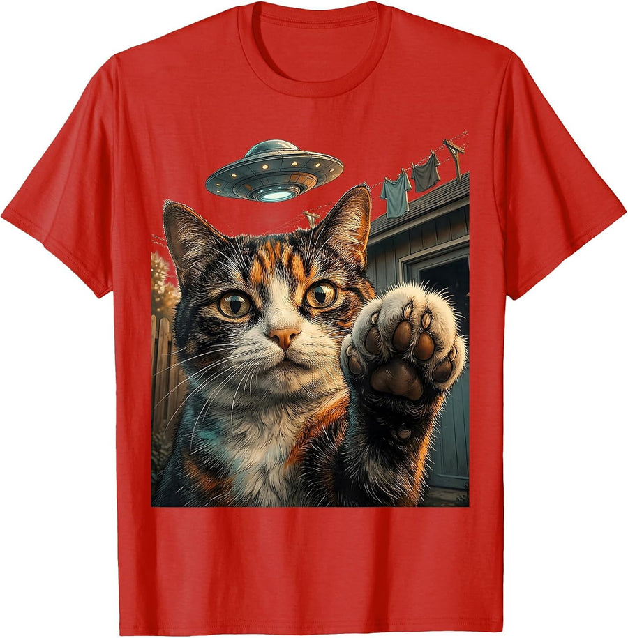 Men's Startled Cat UFO Selfie Funny Cat Lover Gift T-Shirt - Red