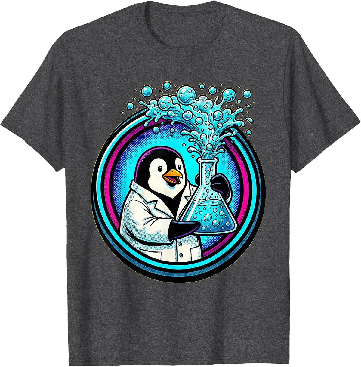 Penguin Scientist with Bubbling Laboratory Flask T-Shirt - Dark Heather Grey