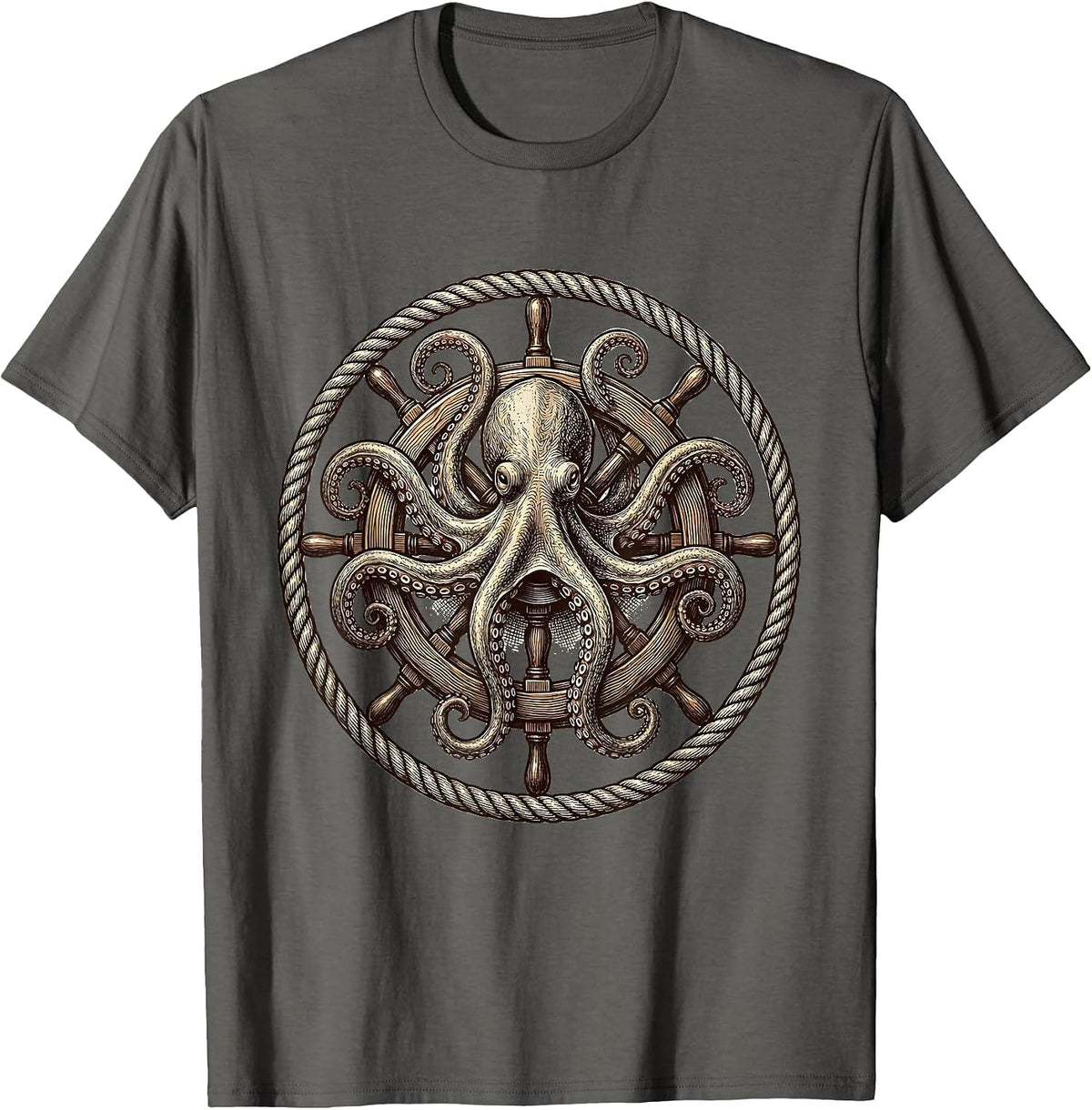 Octopus Steering Wheel Vintage Nautical Graphic T-Shirt - Asphalt Grey