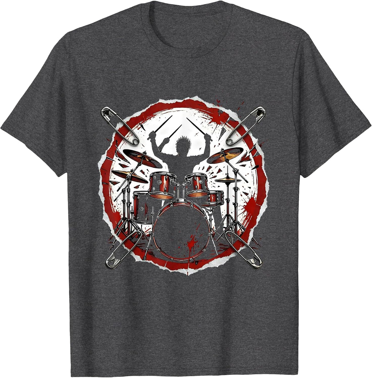Men's Drummer Silhouette Exploding Drum Kit Rock Design T-Shirt - Dark Heather Grey